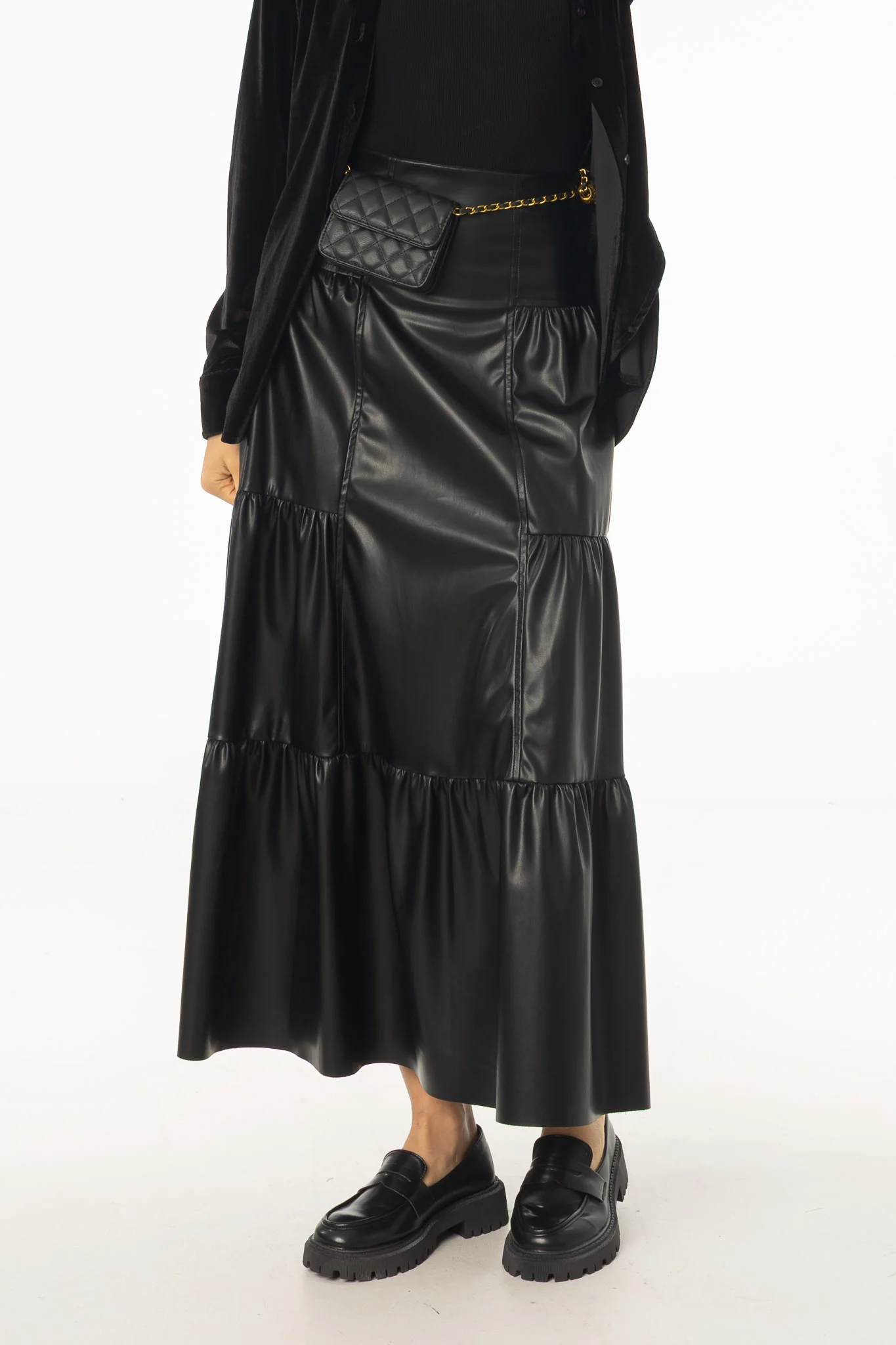 Black Layered Faux Leather Skirt - KJDHW