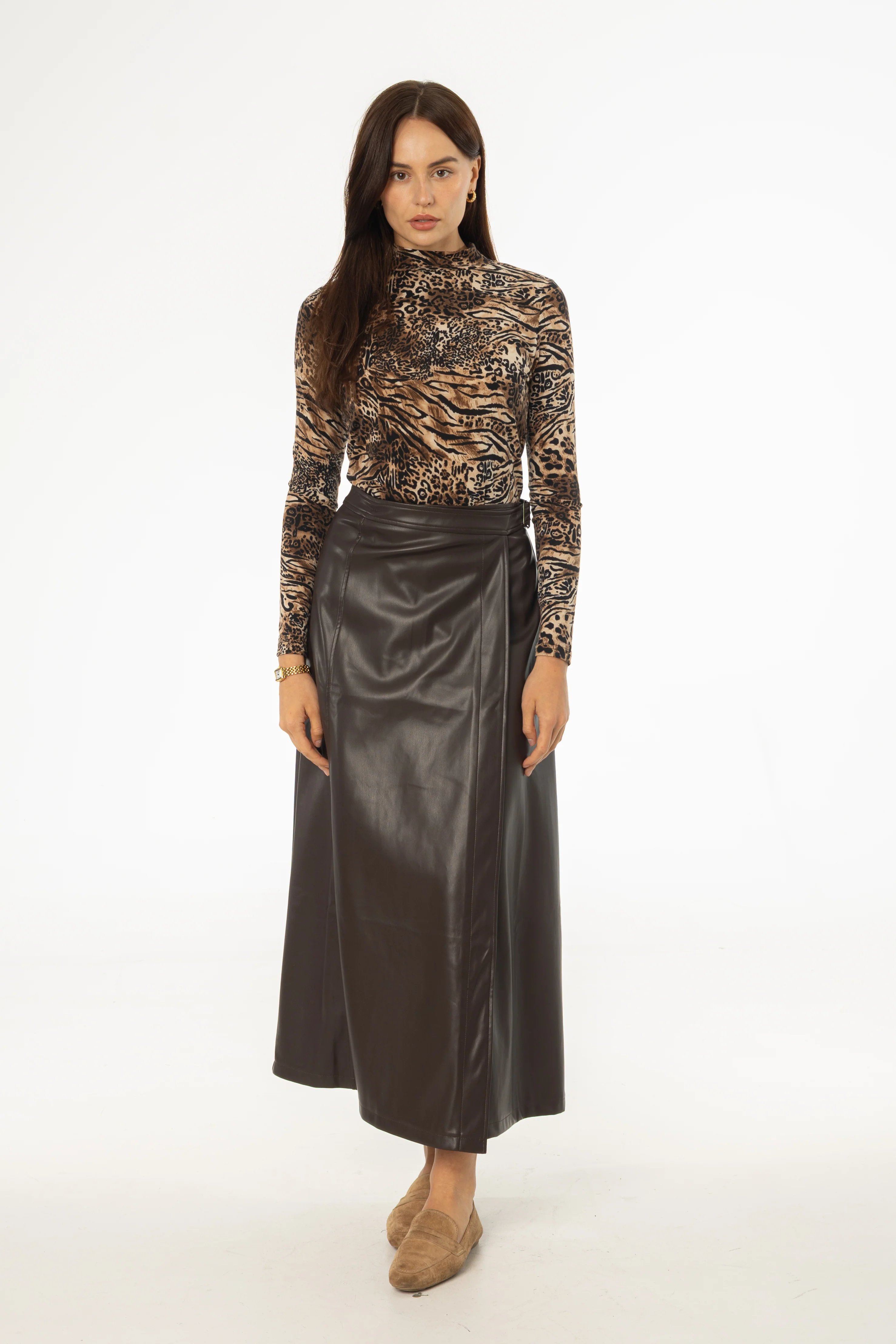 Brown Wrap Vegan Leather Maxi Skirt - KJDHW