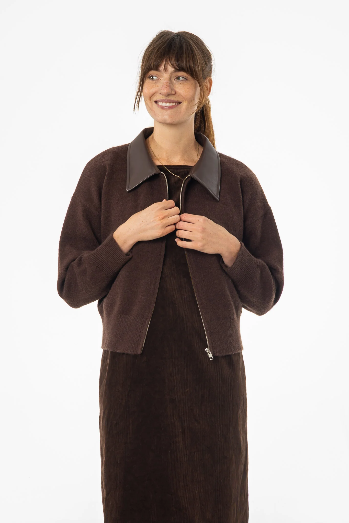 Brown Contrast Collar Zipper Sweater - KJDHW