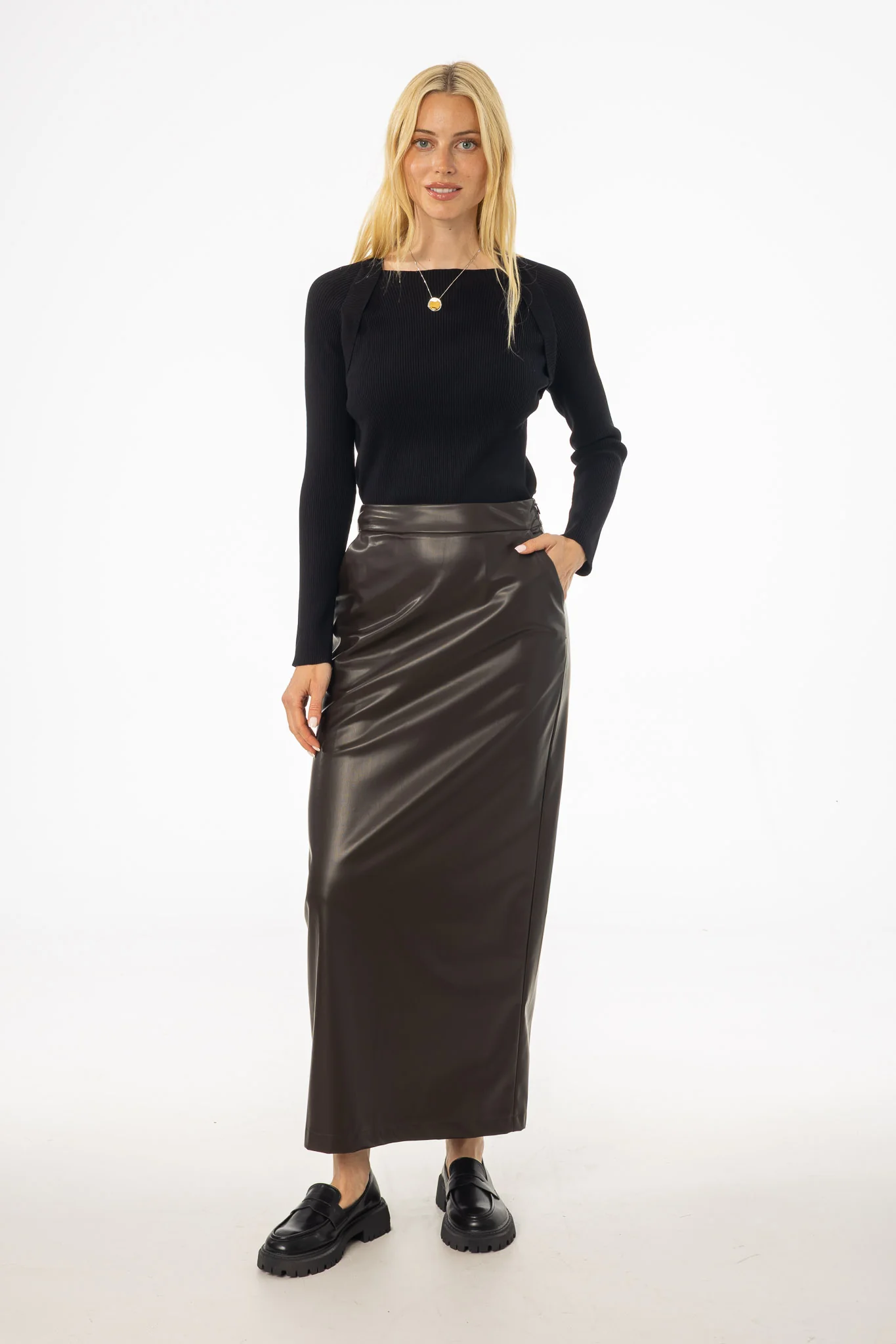 Brown Straight Vegan Leather Skirt - KJDHW