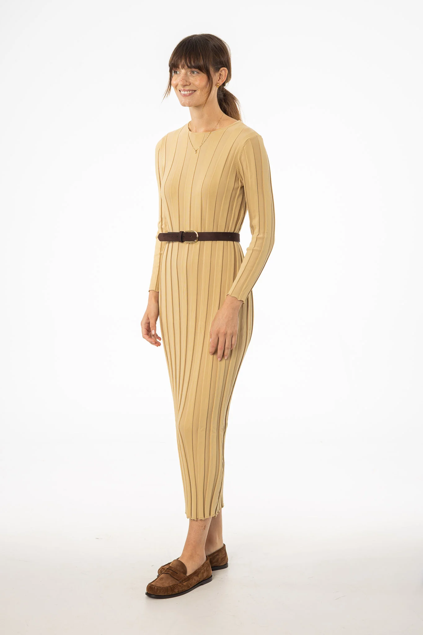 Tan Wide Ribbed Maxi Dress - KJDHW