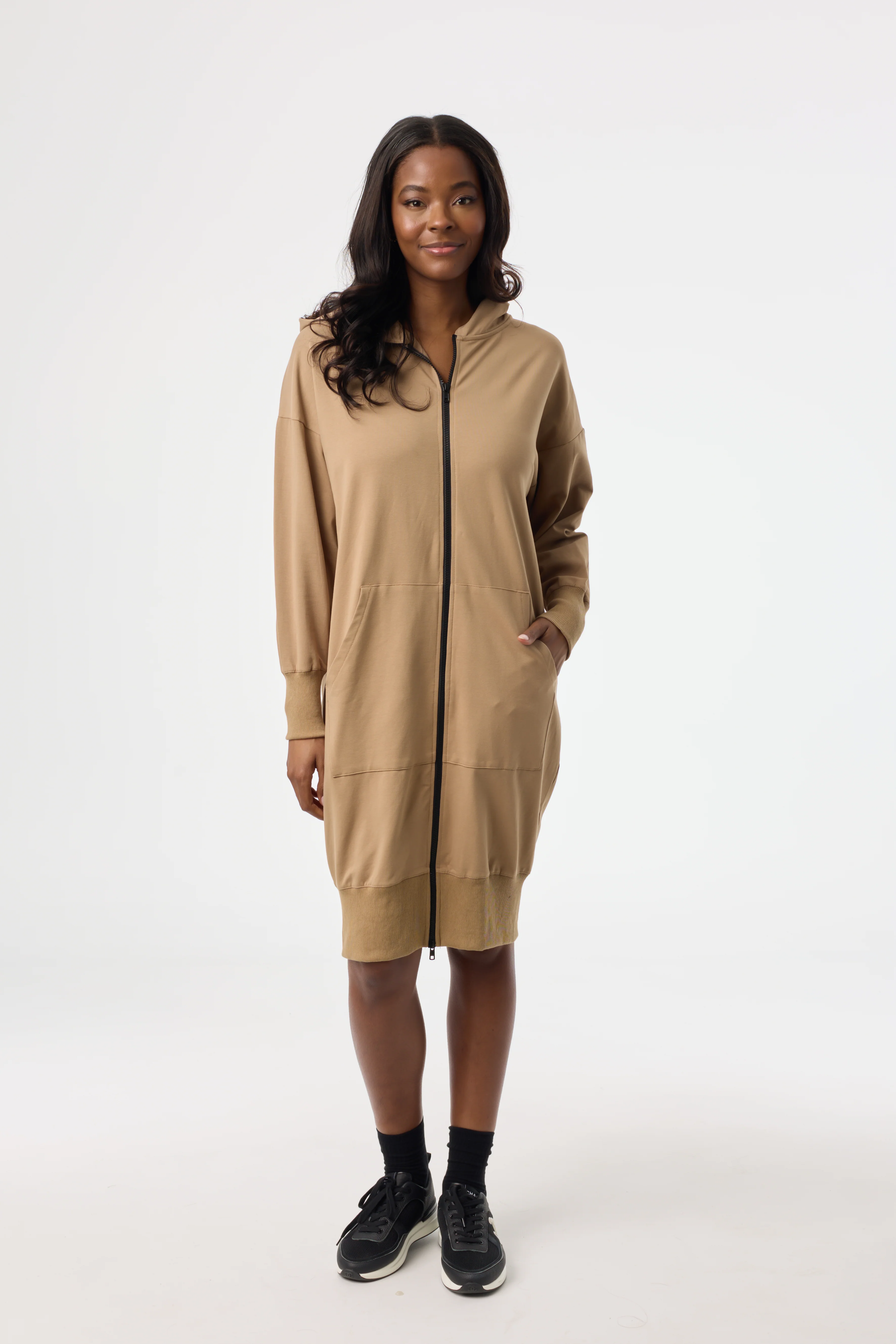 Brown Zipper Sweatshirt Dress - KJDHW