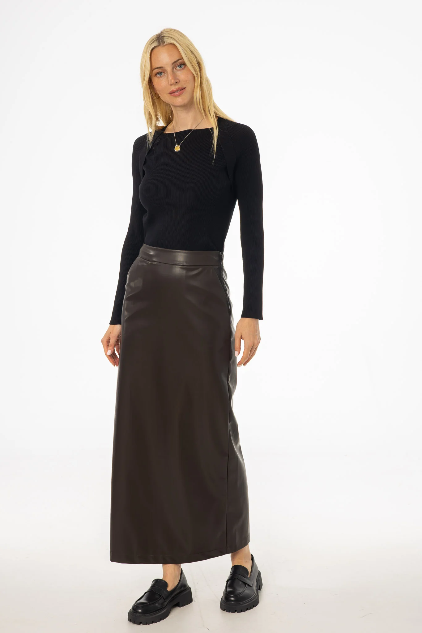 Brown Straight Vegan Leather Skirt - KJDHW