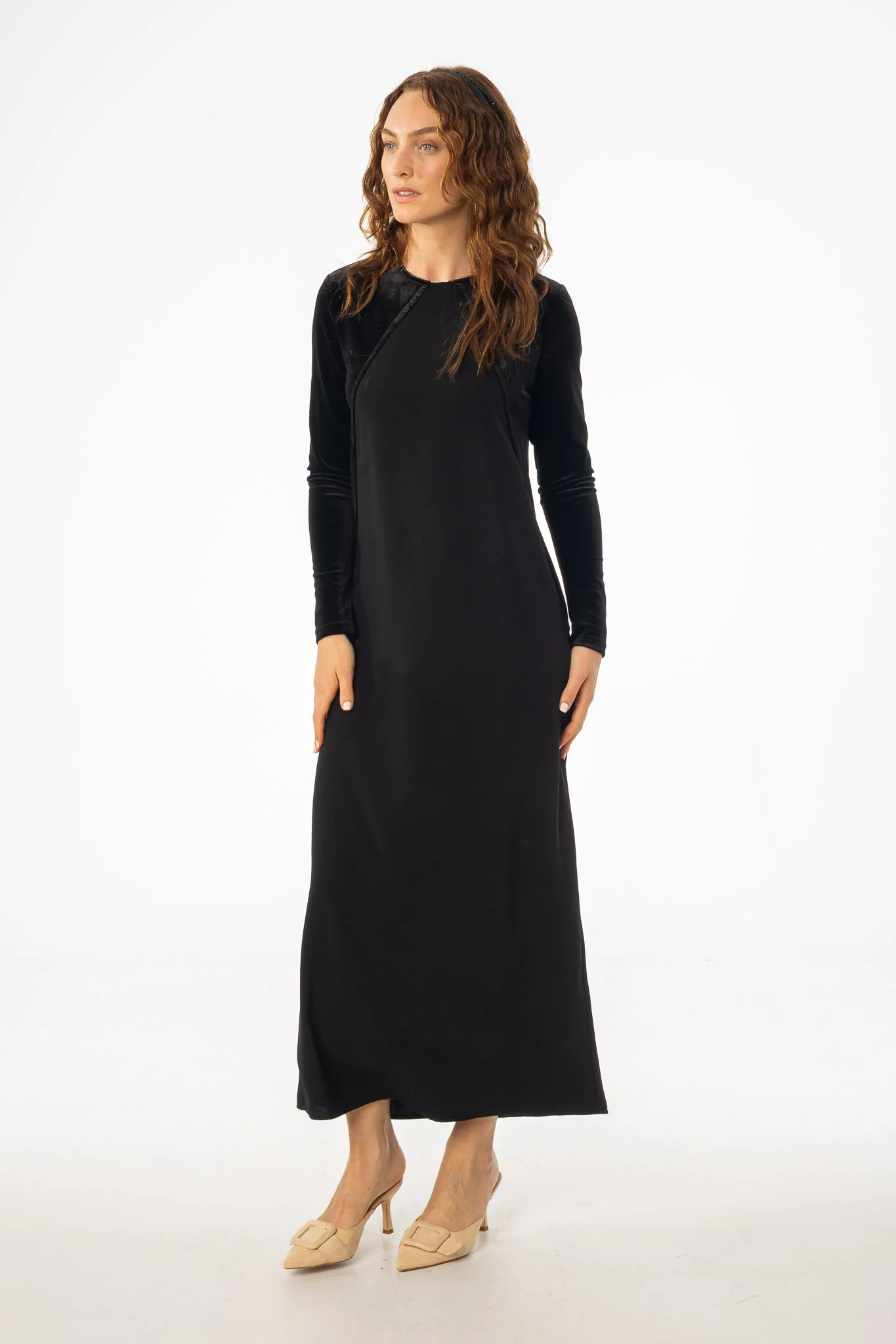 Black Mixed Fabric Maxi Dress - KJDHW