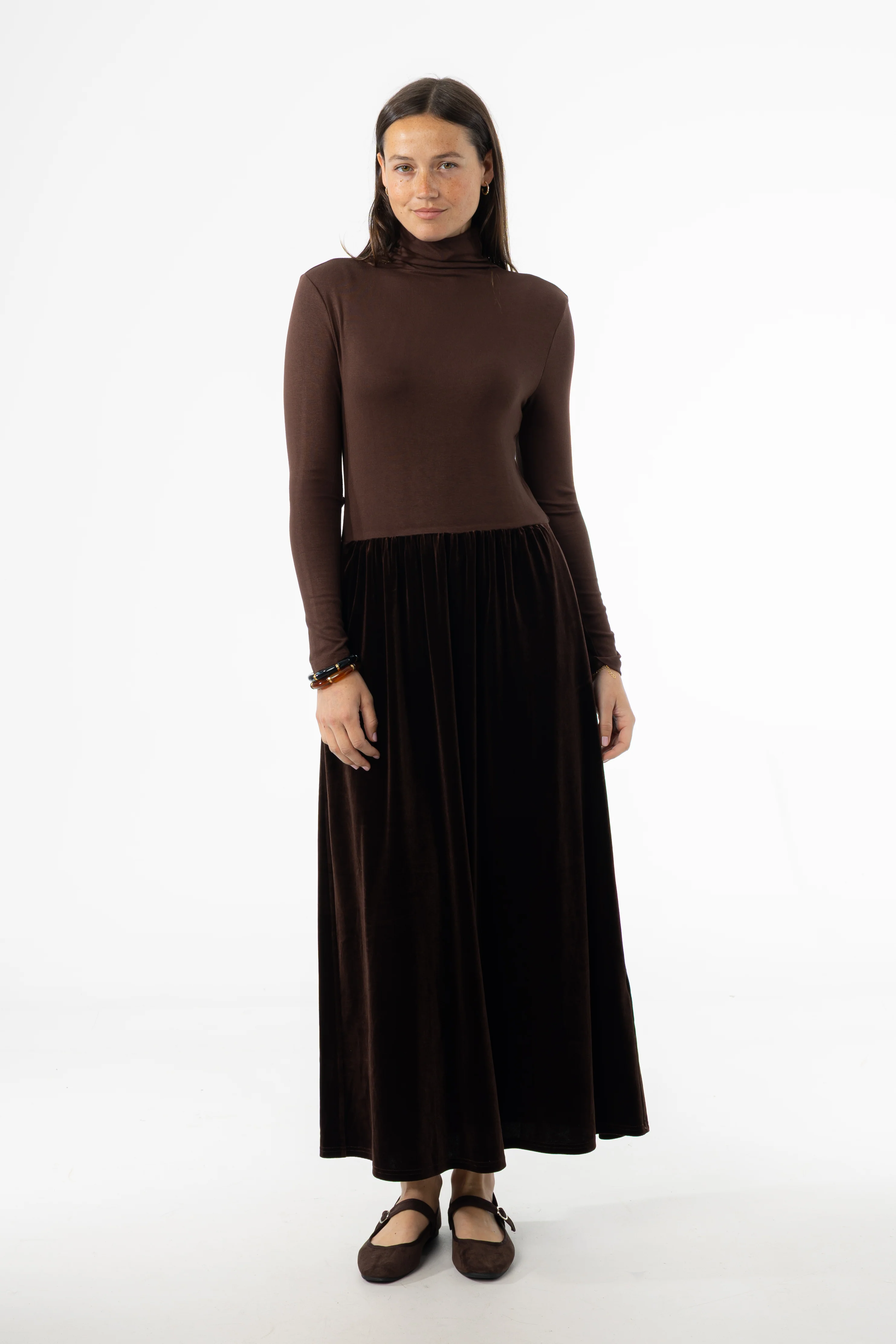Brown Combo Velour Mock Neck Dress - KJDHW