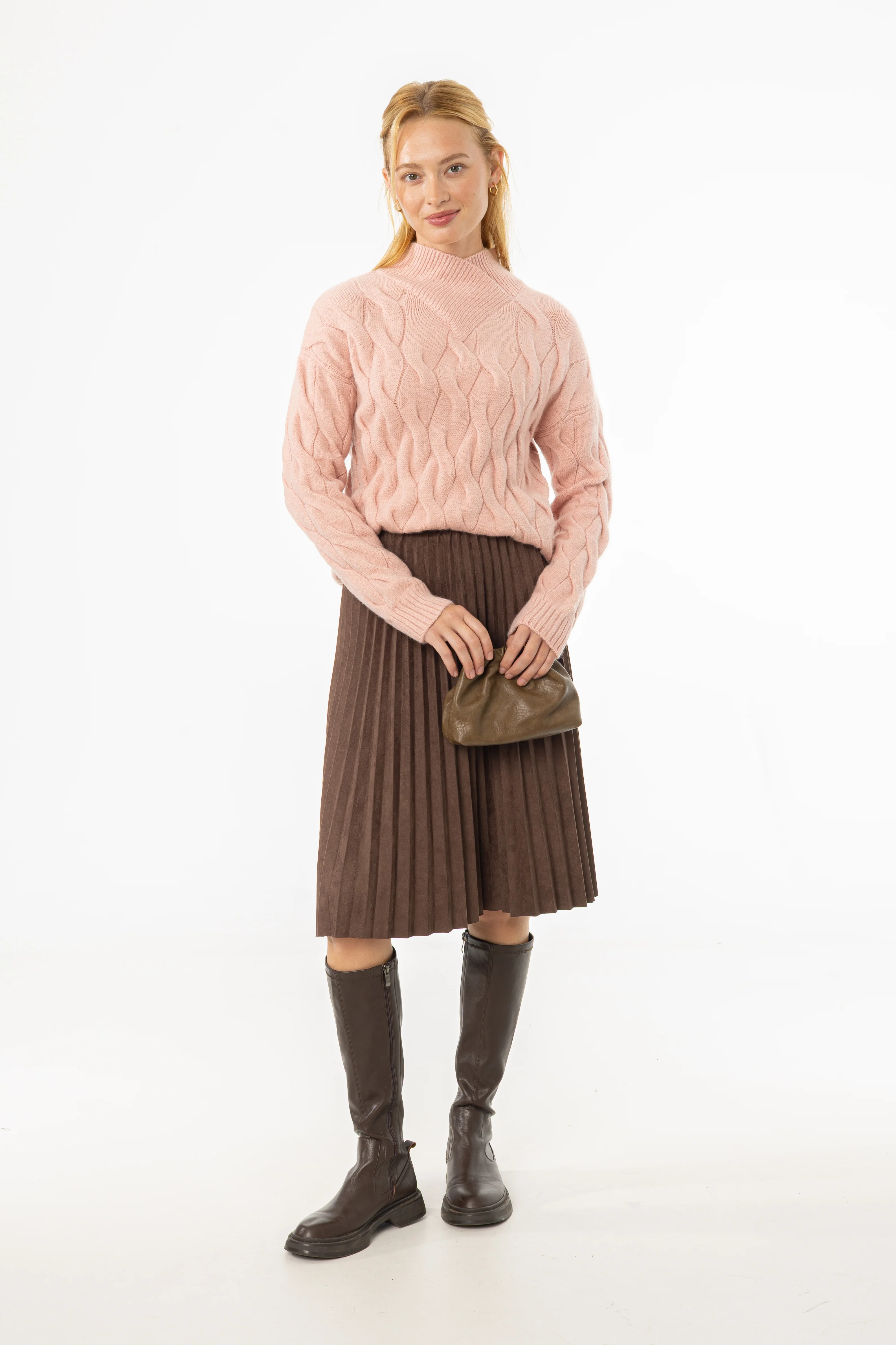 Brown Accordion Microsuede Skirt - KJDHW