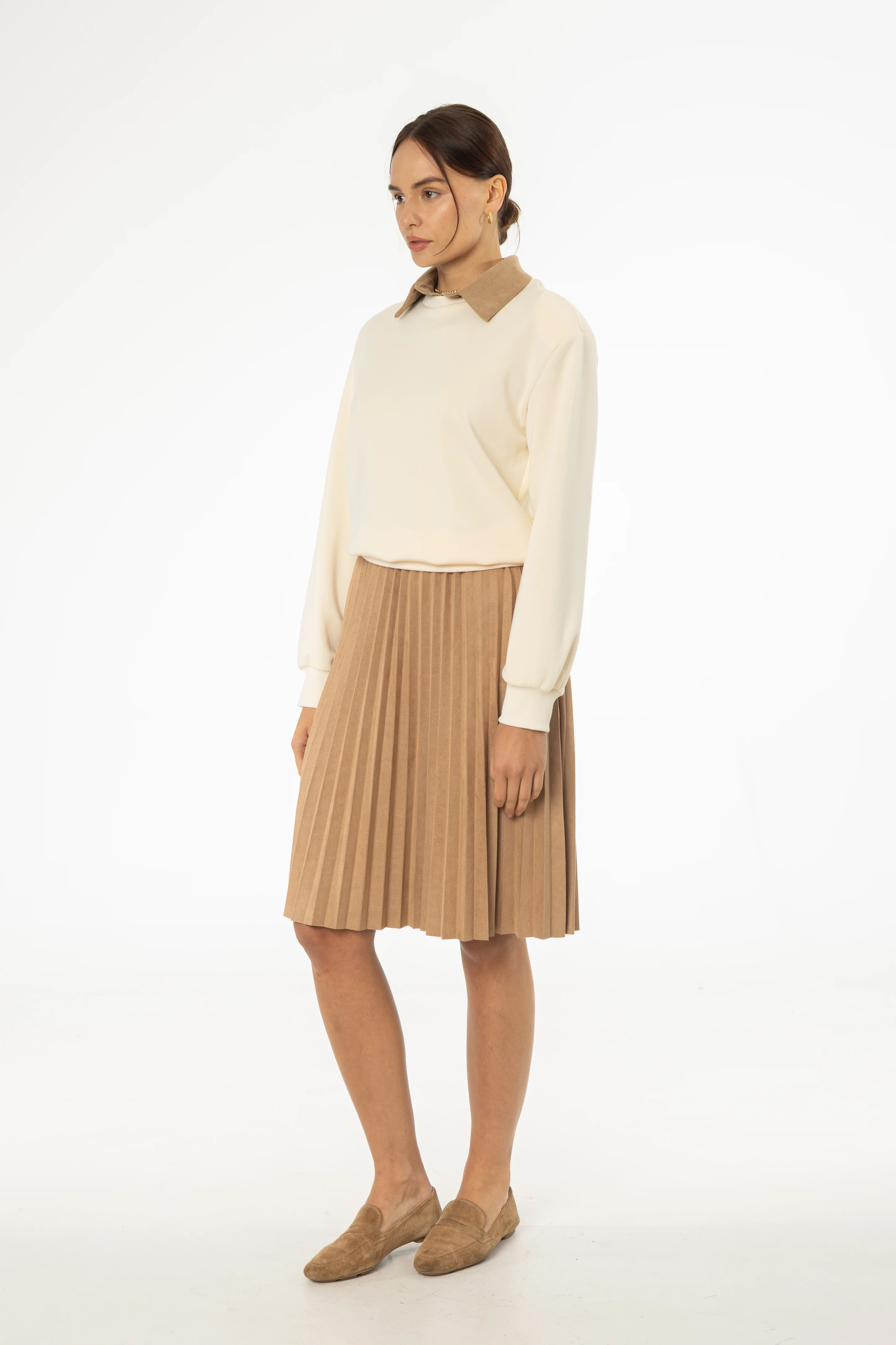 Camel Accordion Microsuede Skirt - KJDHW