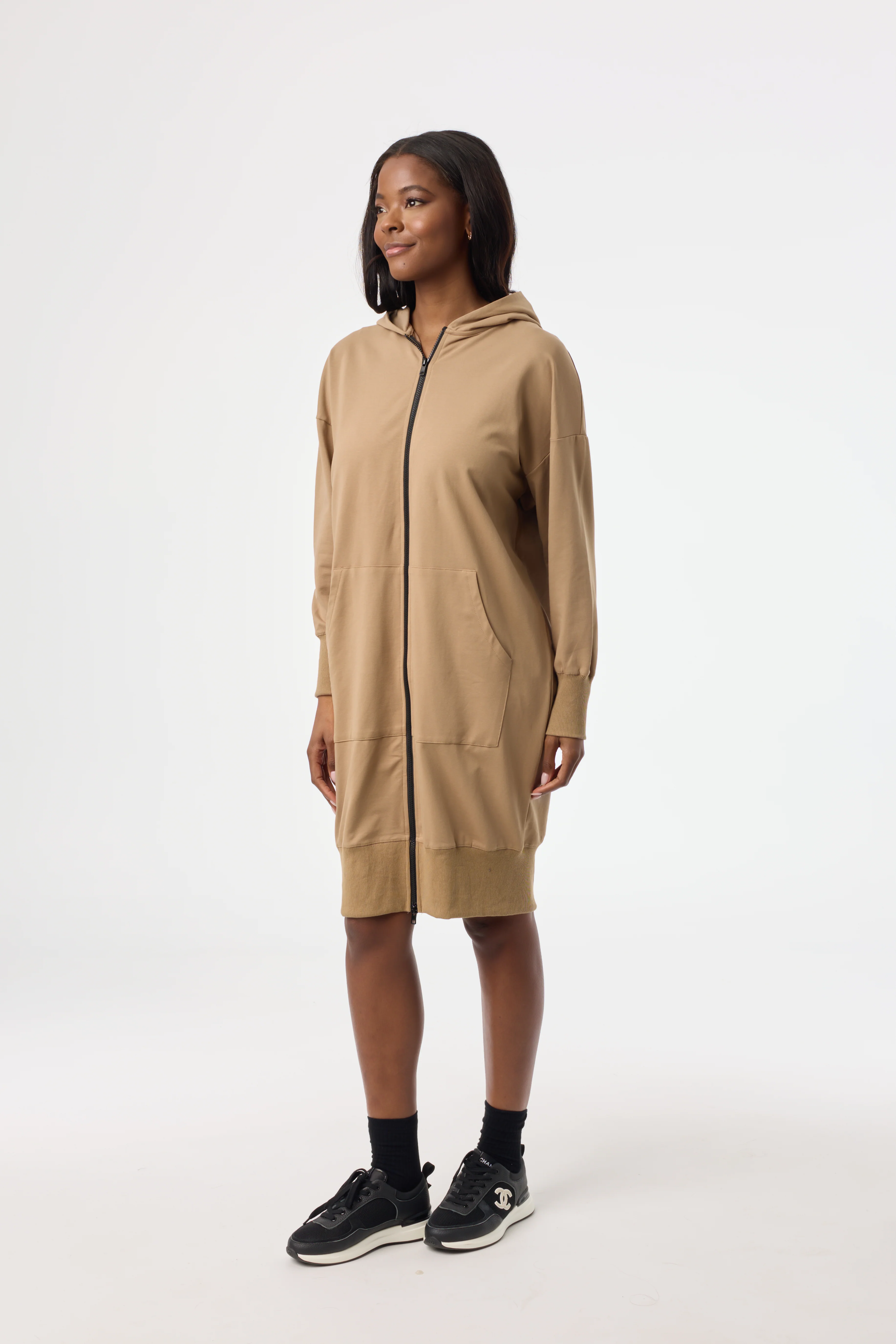 Brown Zipper Sweatshirt Dress - KJDHW