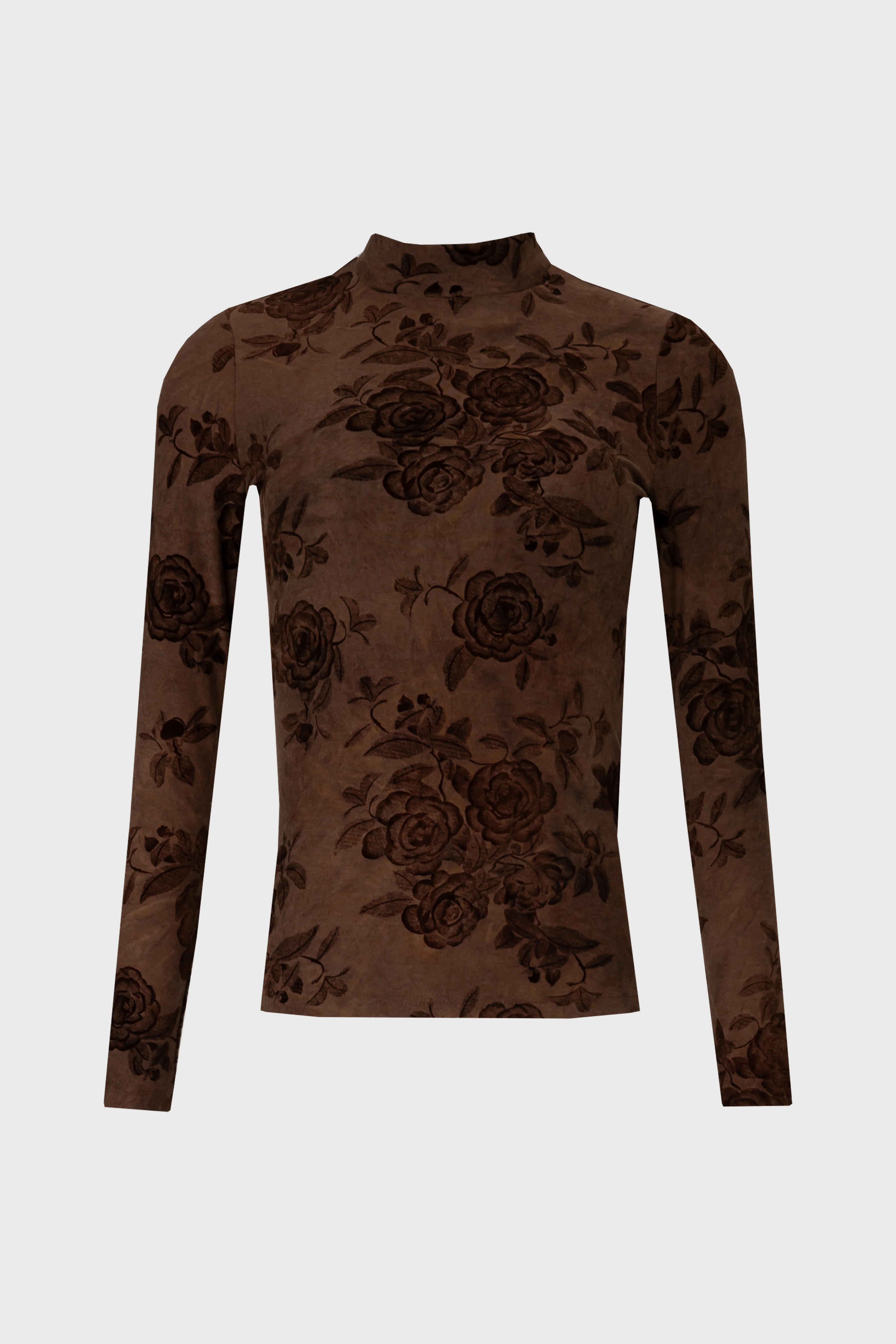 Brown Flower Mock Neck Top - KJDHW
