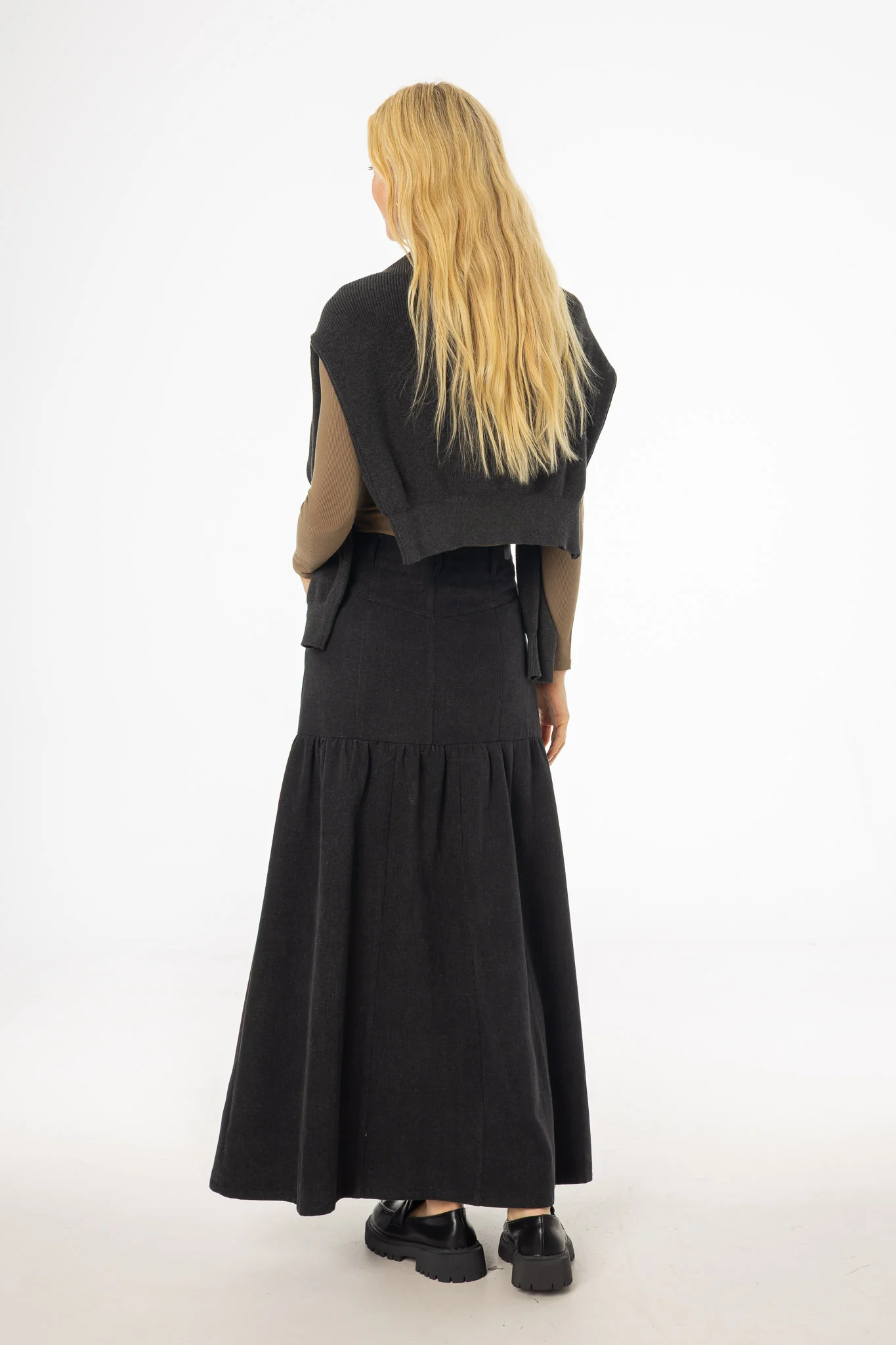 Grey Flared Denim Maxi Skirt - KJDHW