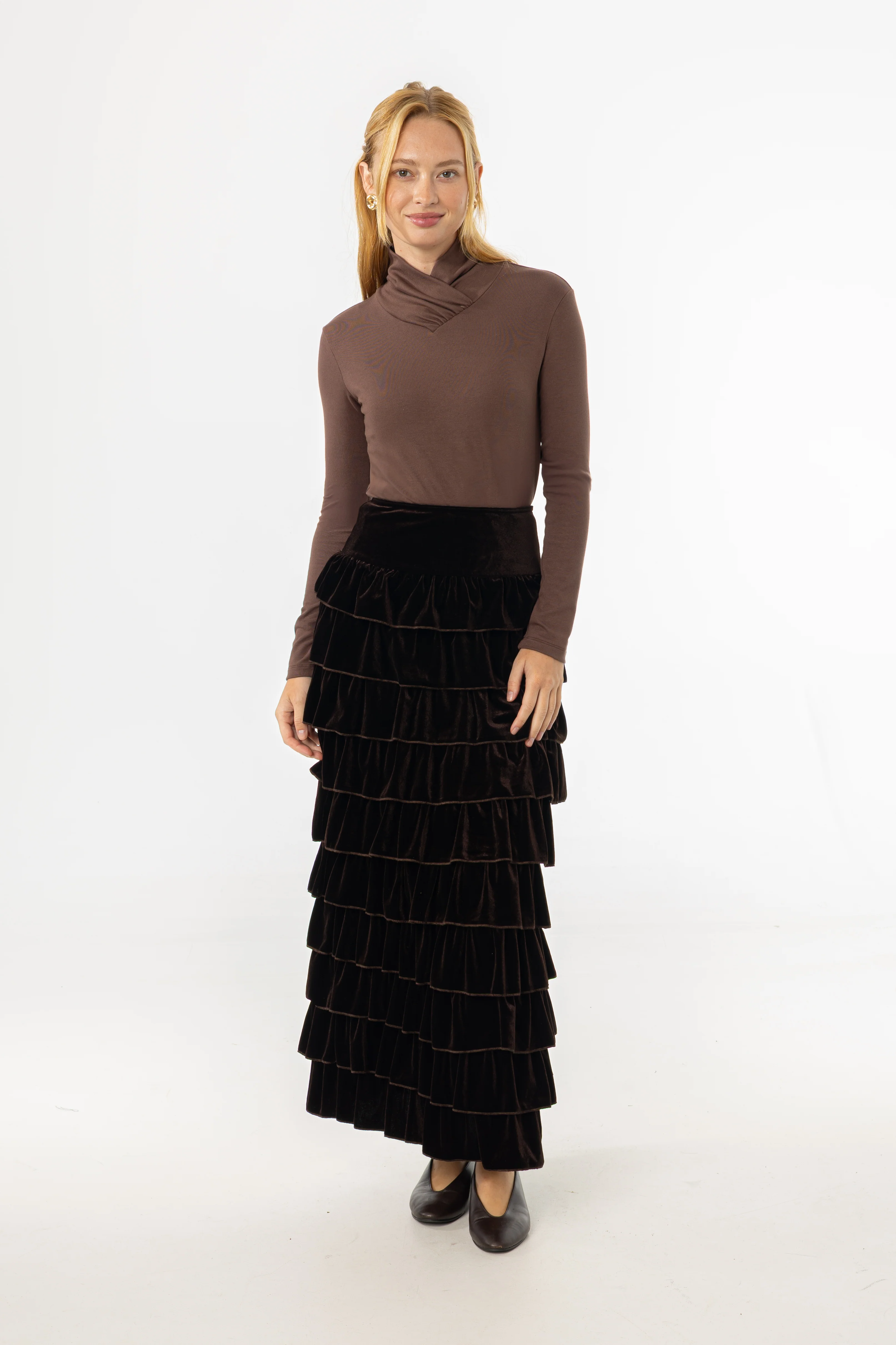 Brown Ruffle Velour Maxi Skirt - KJDHW