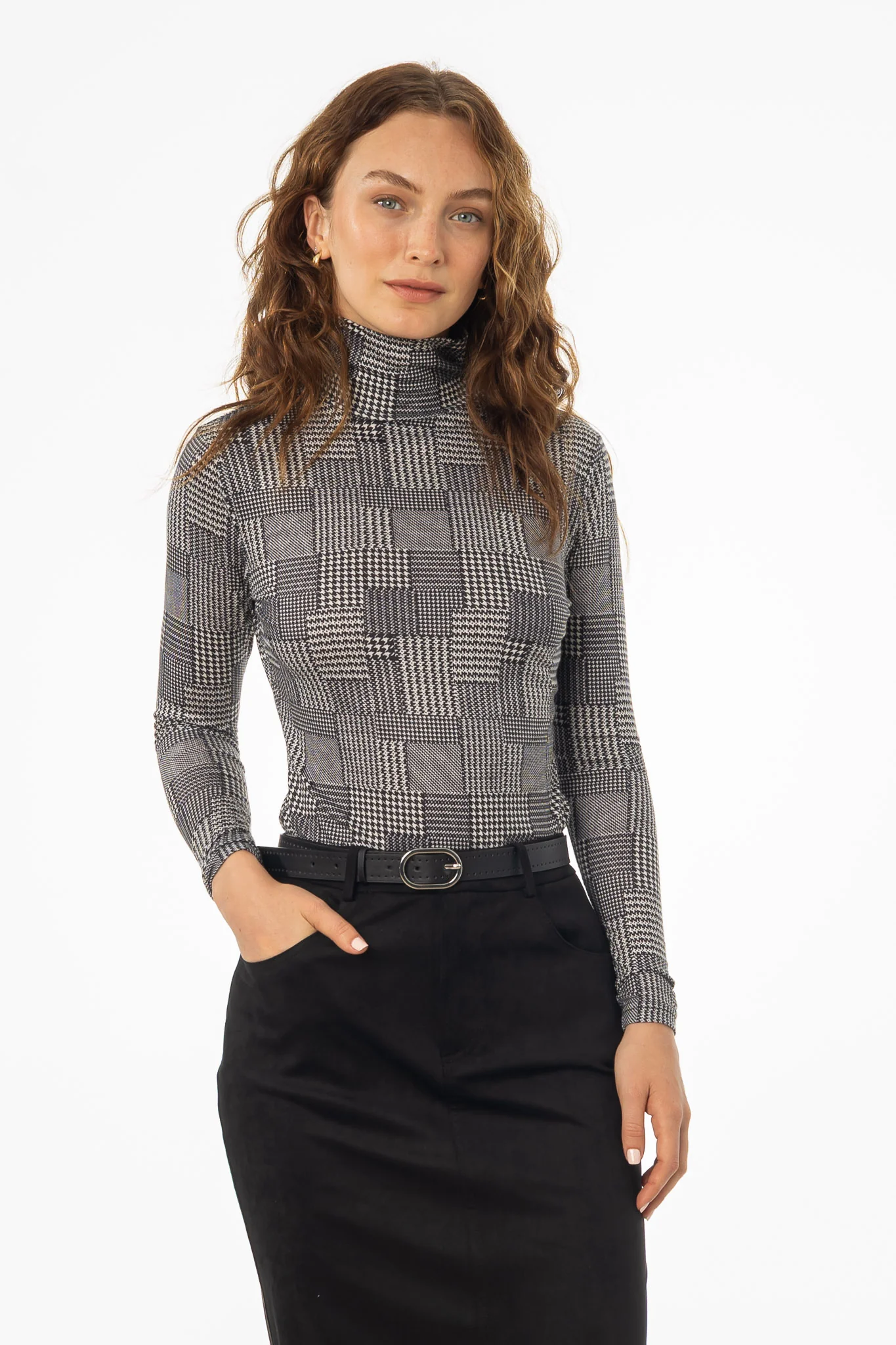 Black Houndstooth Printed Turtleneck Top - KJDHW