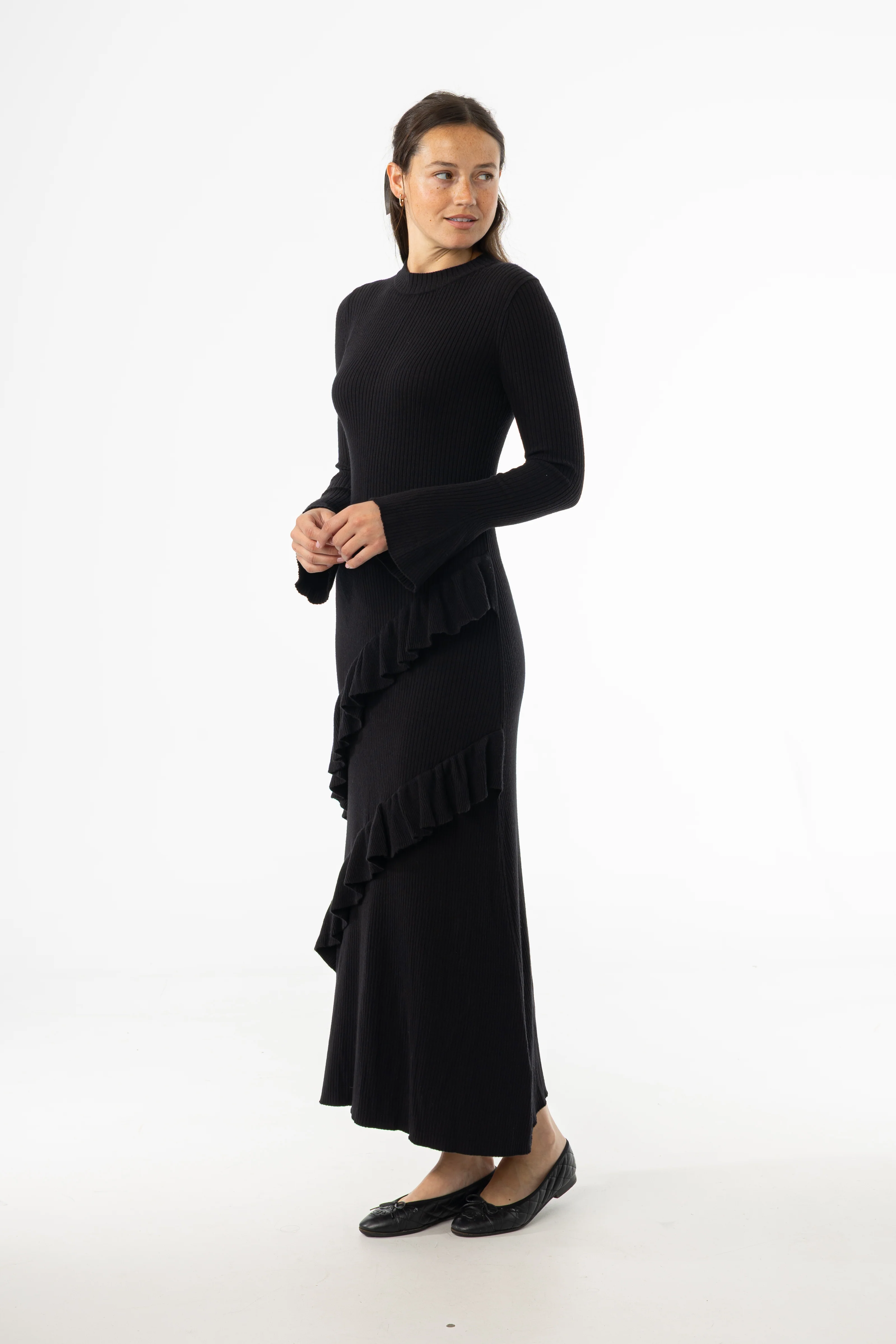Black Ruffle Knit Dress - KJDHW