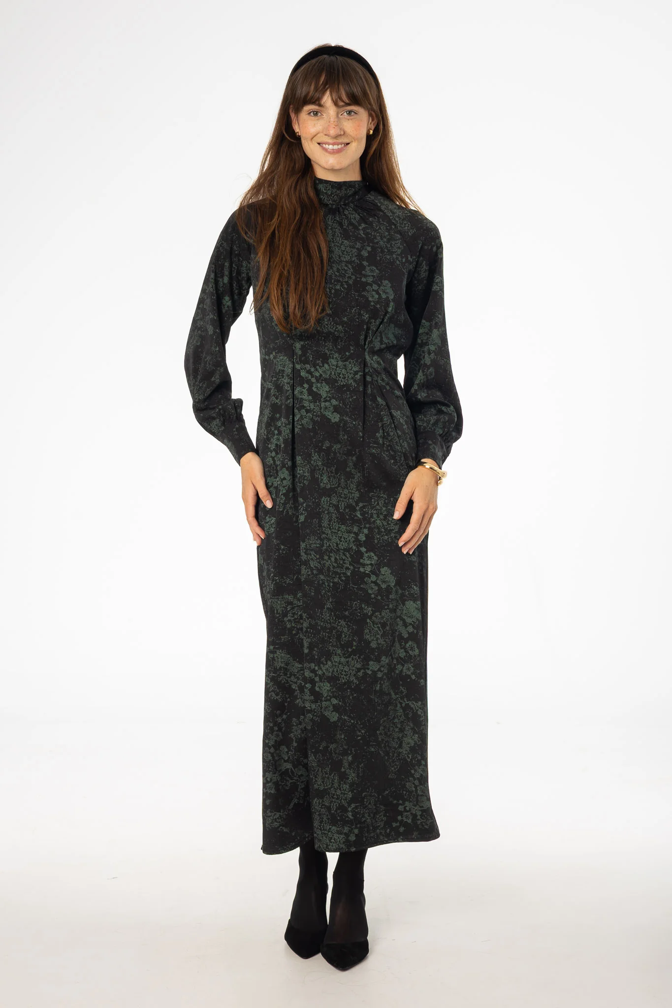 Black & Green Printed Tie Neck Dress - KJDHW