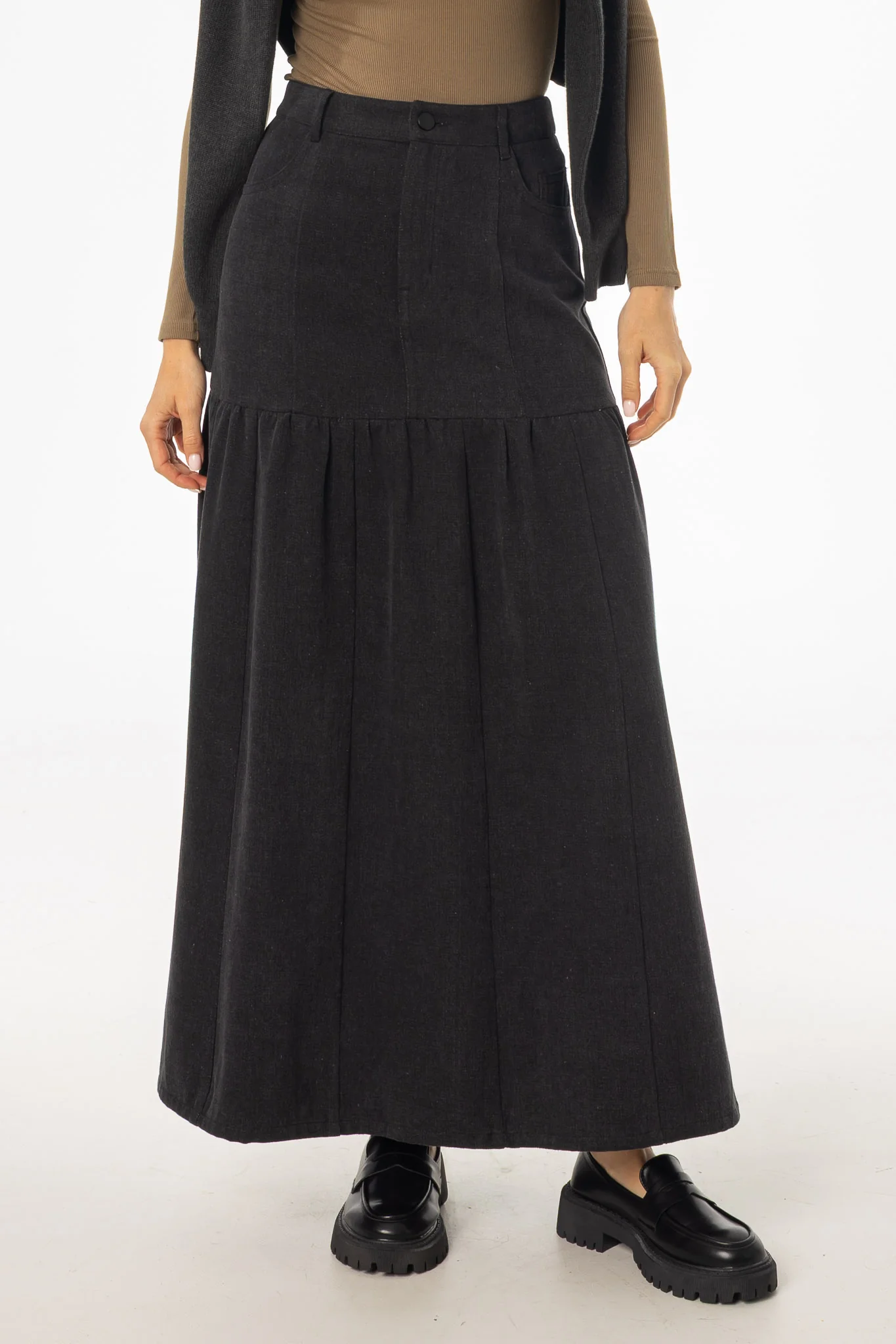 Grey Flared Denim Maxi Skirt - KJDHW