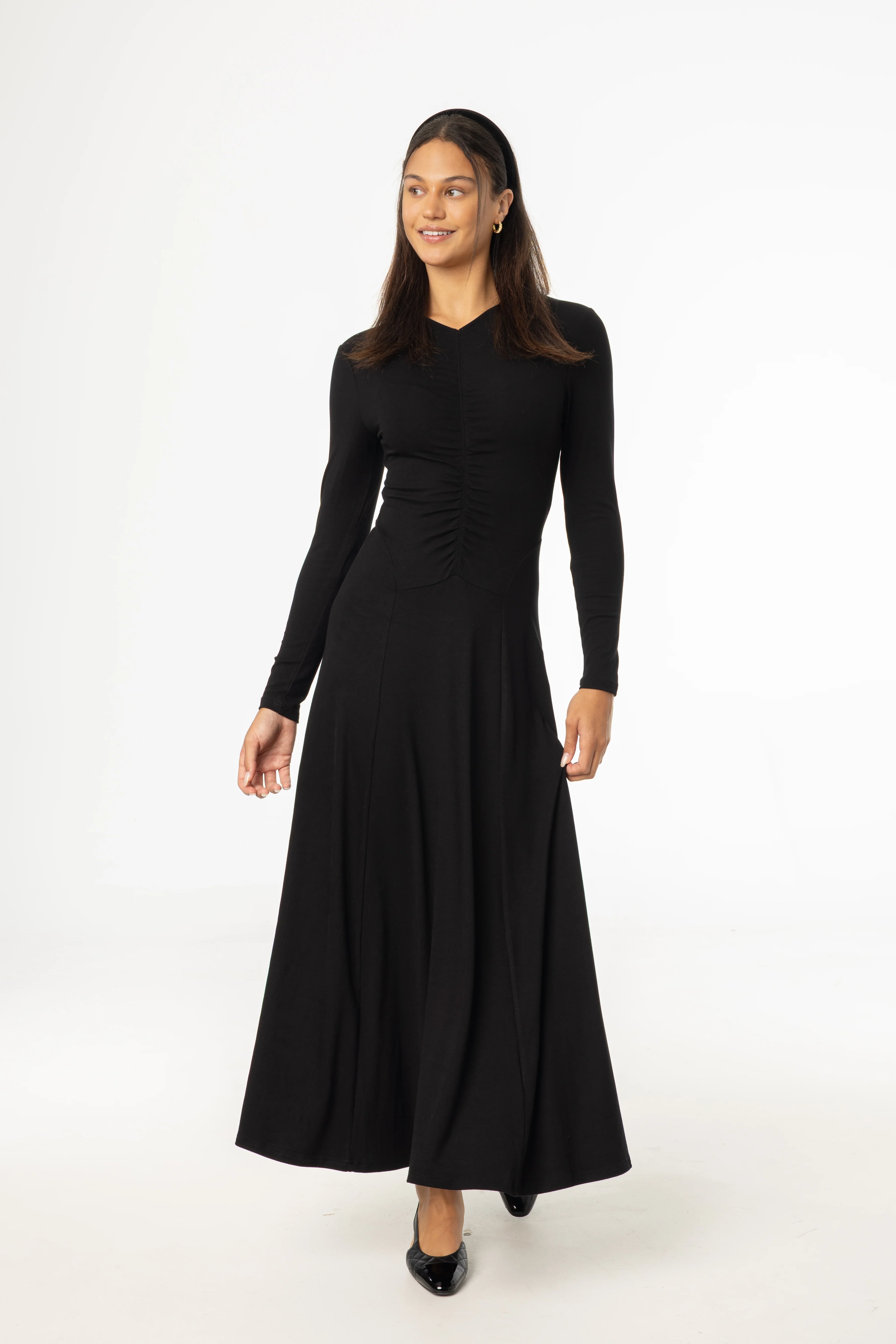 Black Front Ruched Maxi Dress - KJDHW