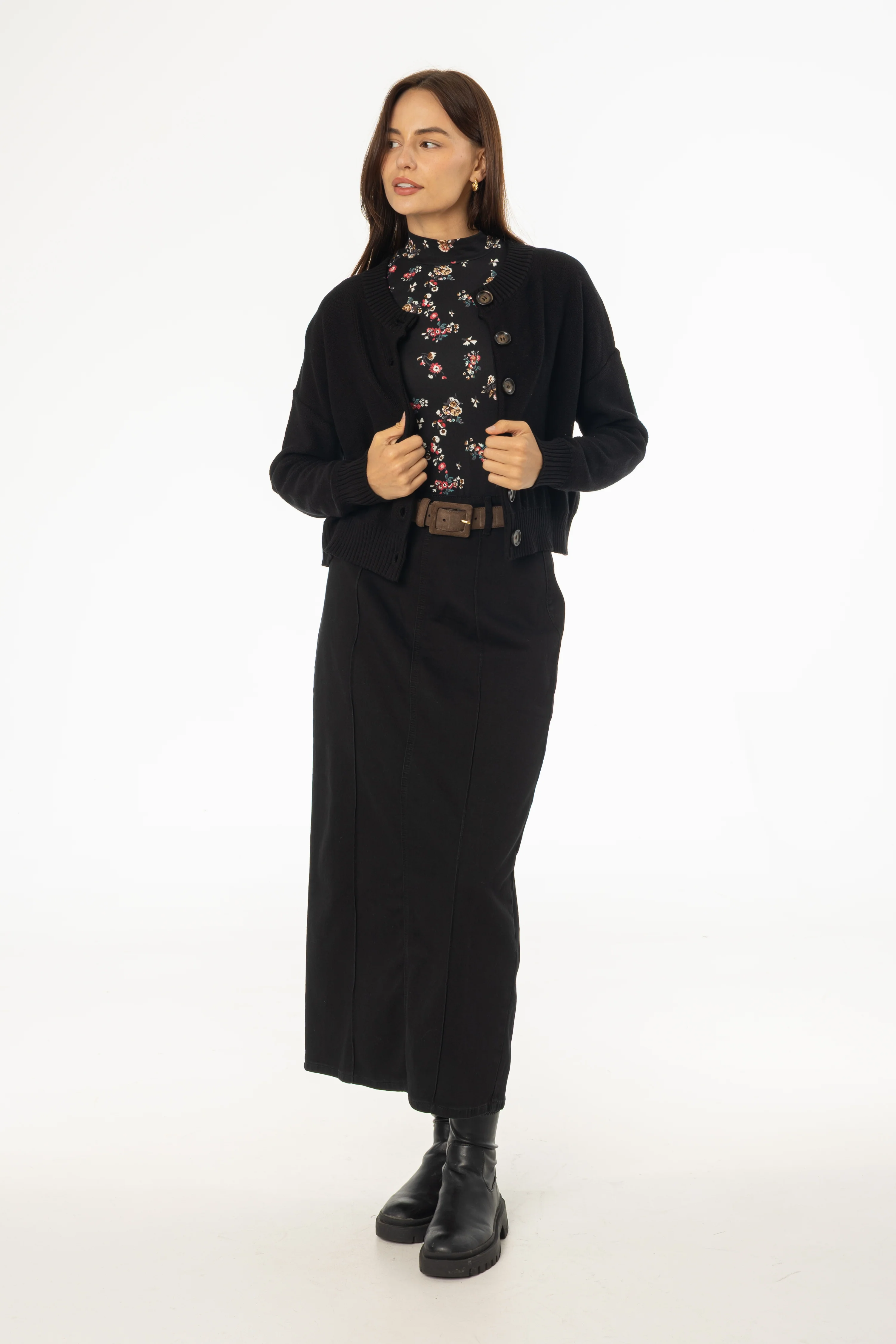 Black Straight Denim Maxi Skirt - KJDHW