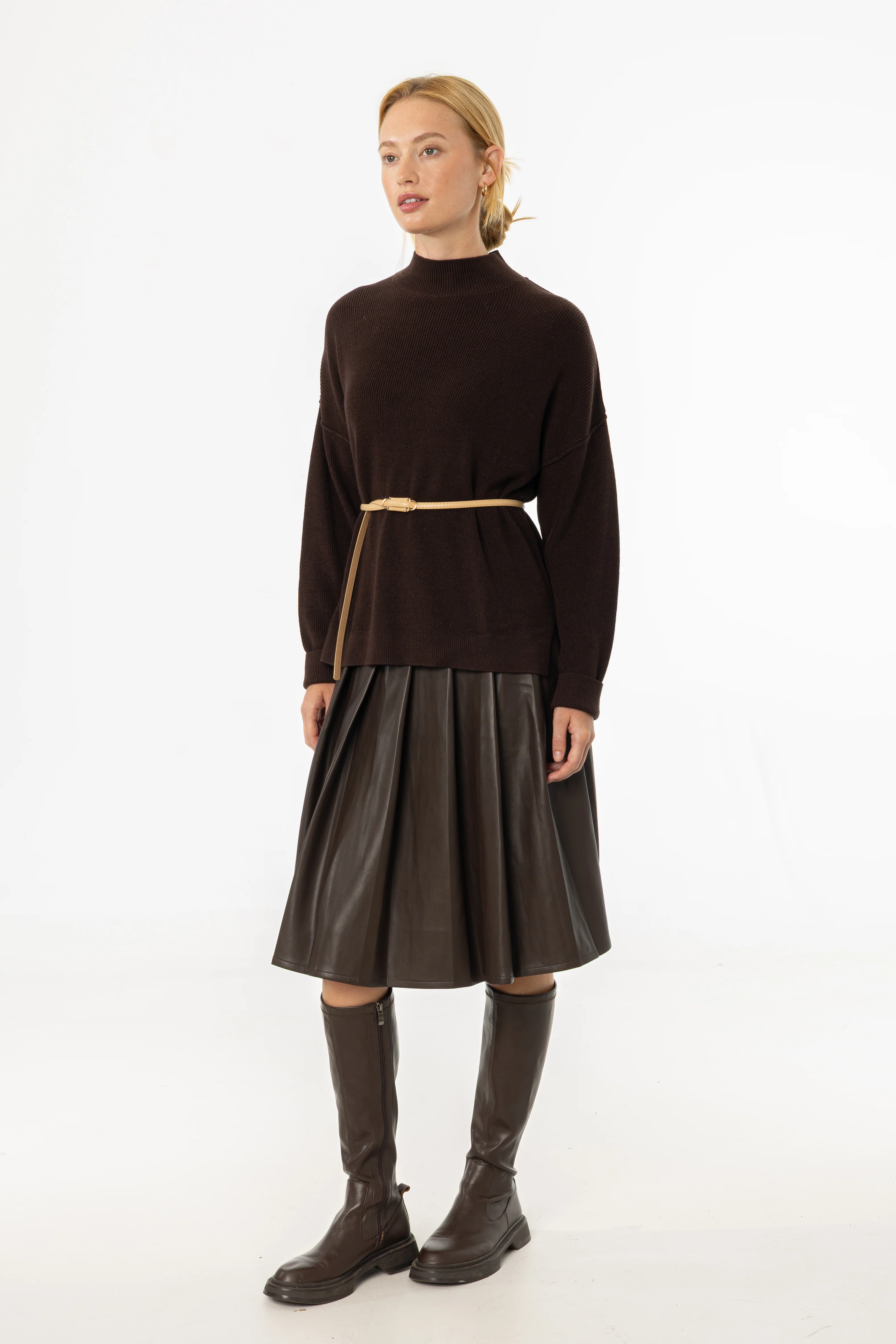 Brown Pleated Vegan Leather Skirt - KJDHW
