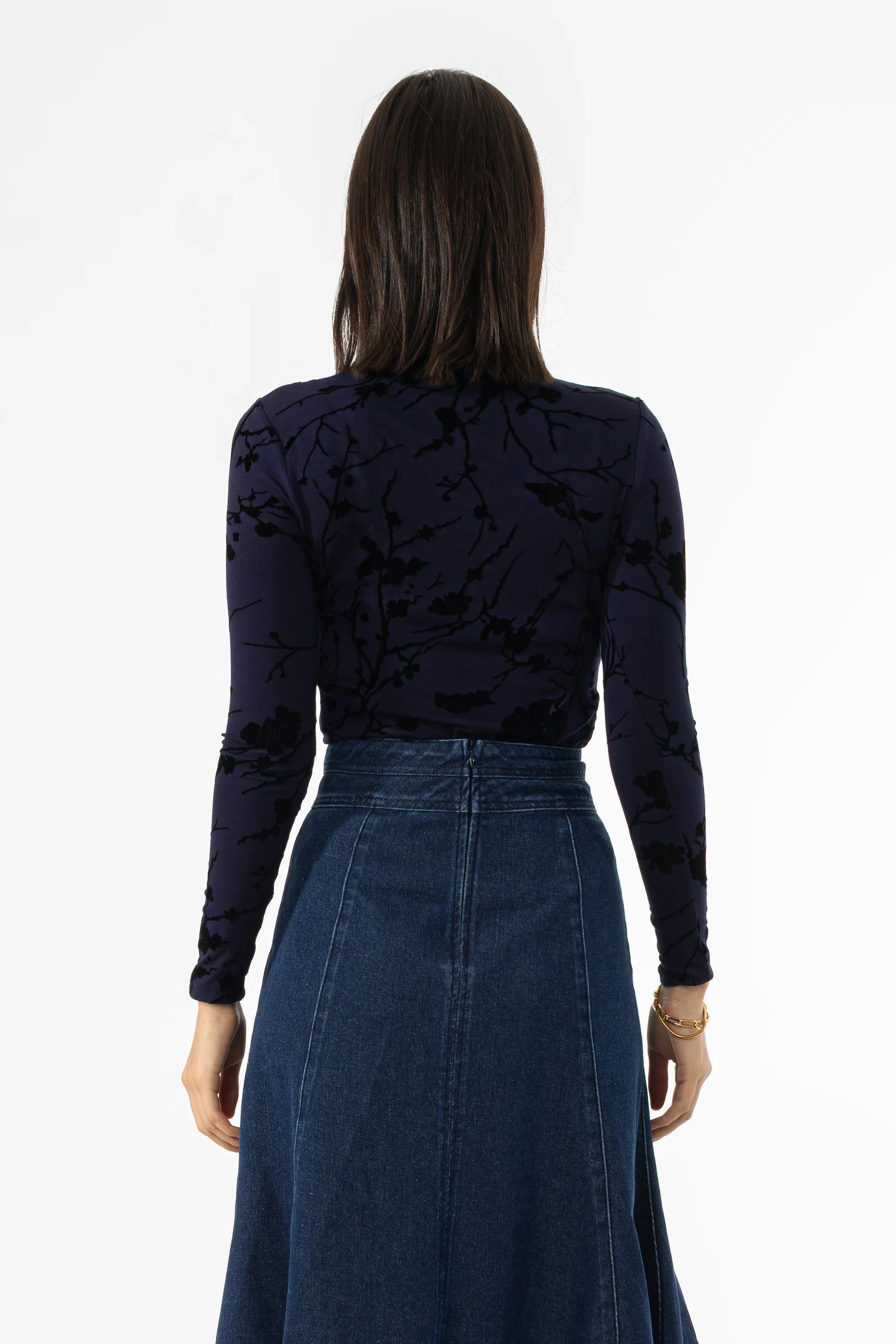 Navy Velvet Detail Mock Neck Top - KJDHW