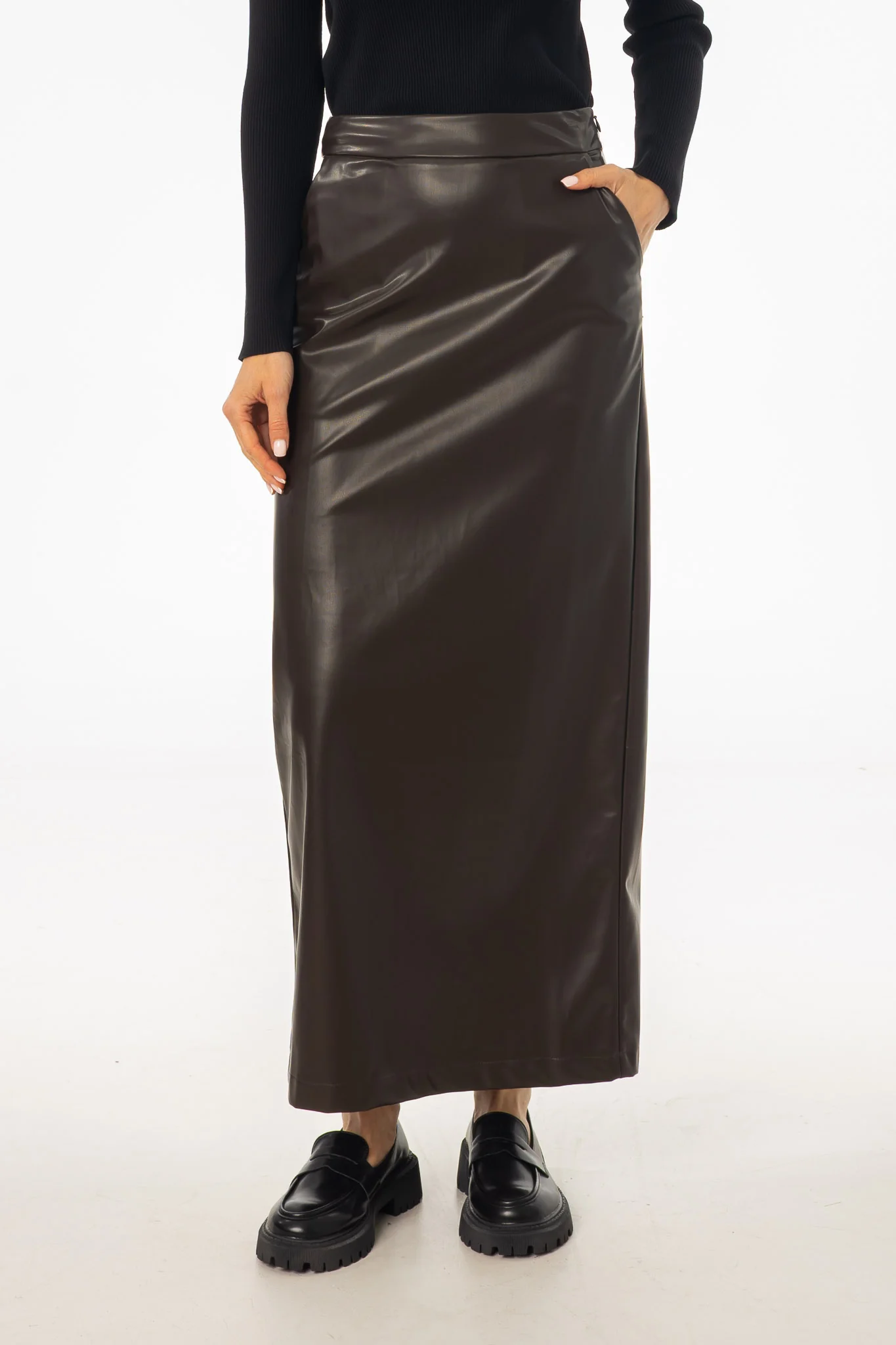 Brown Straight Vegan Leather Skirt - KJDHW