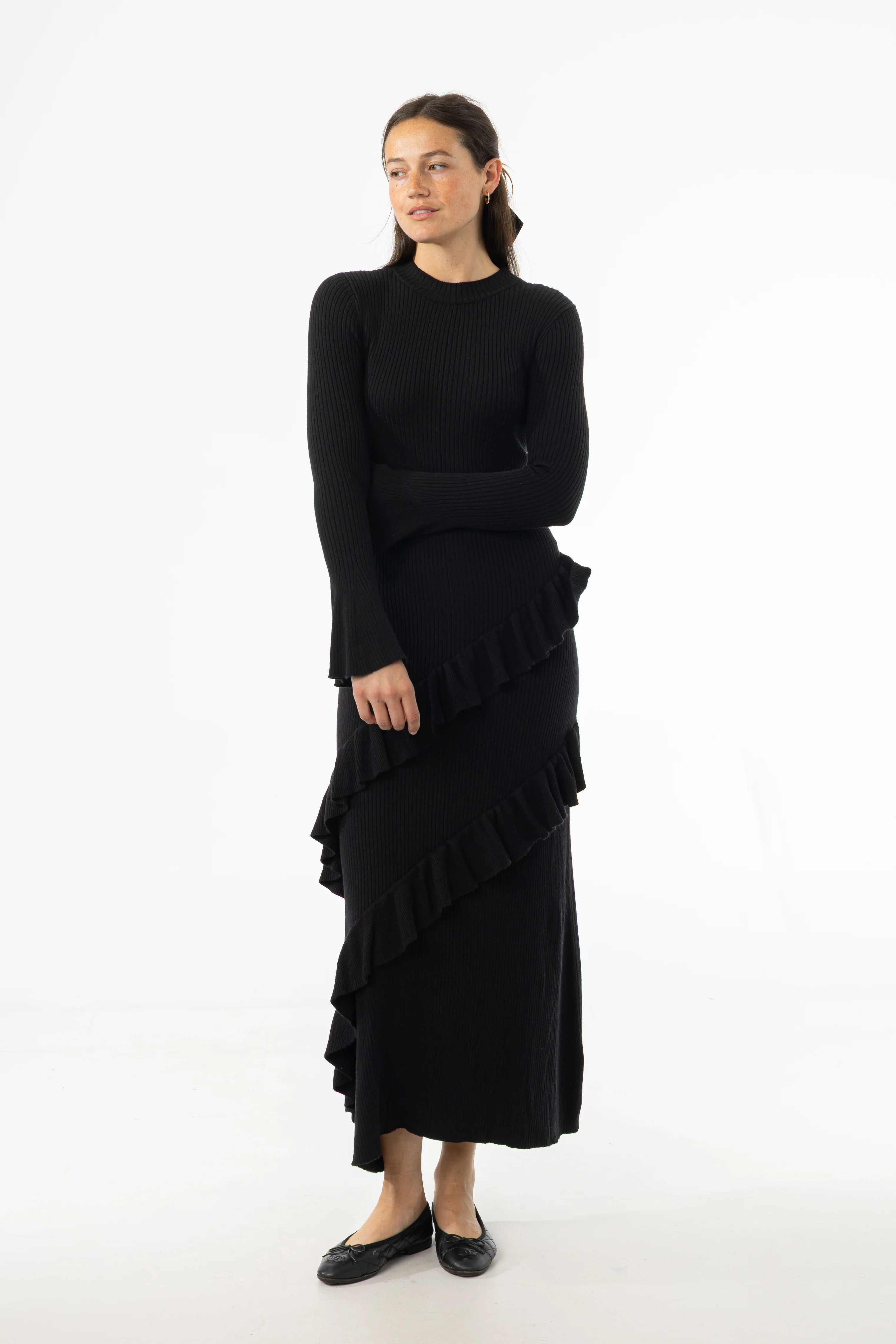 Black Ruffle Knit Dress - KJDHW