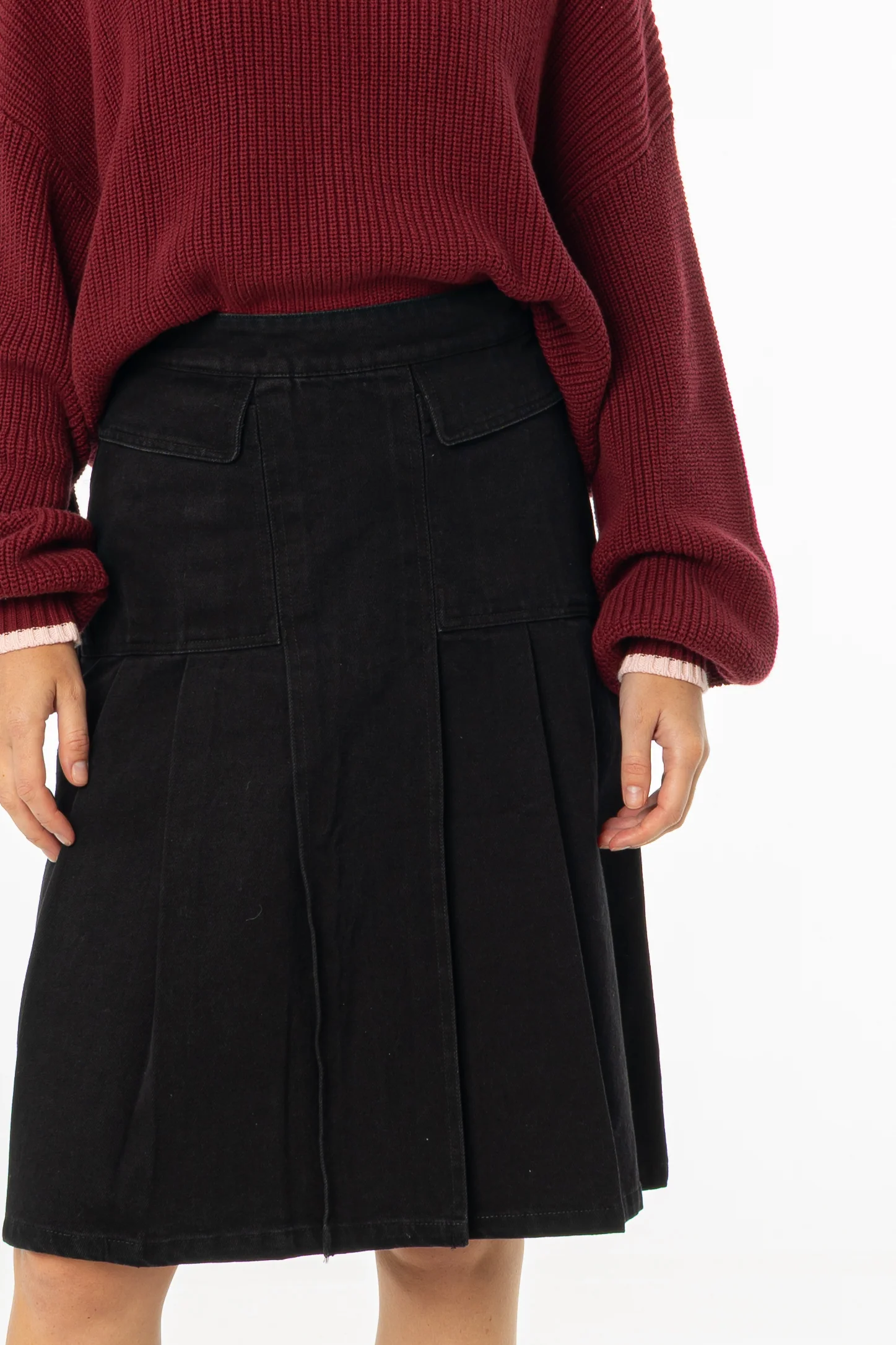 Black Half Pleat Cargo Denim Skirt - KJDHW