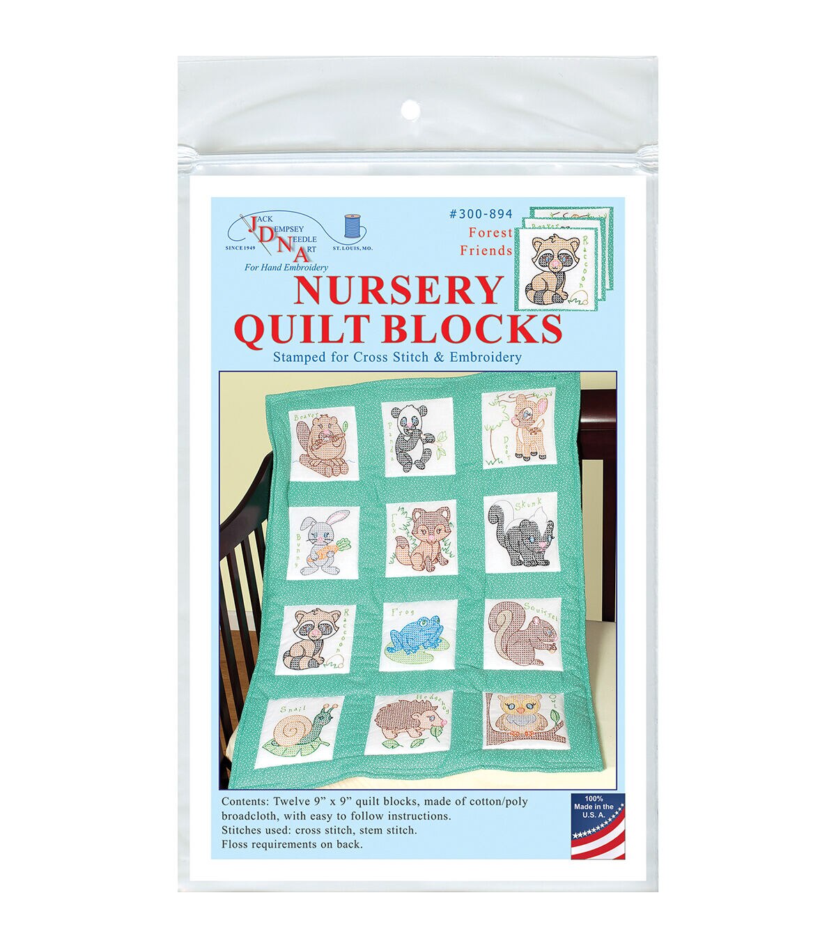 Jack Dempsey 9 Forest Friends Stamped Nursery Quilt Blocks 12ct