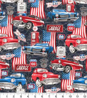 Fabric Traditions Car Travel Americana on Black Novelty Cotton Fabric
