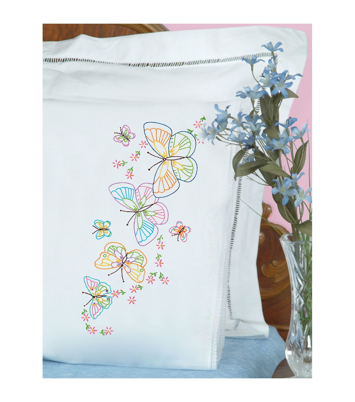 Jack Dempsey 2pk Fluttering Butterflies Stamped Lace Edge Pillowcases