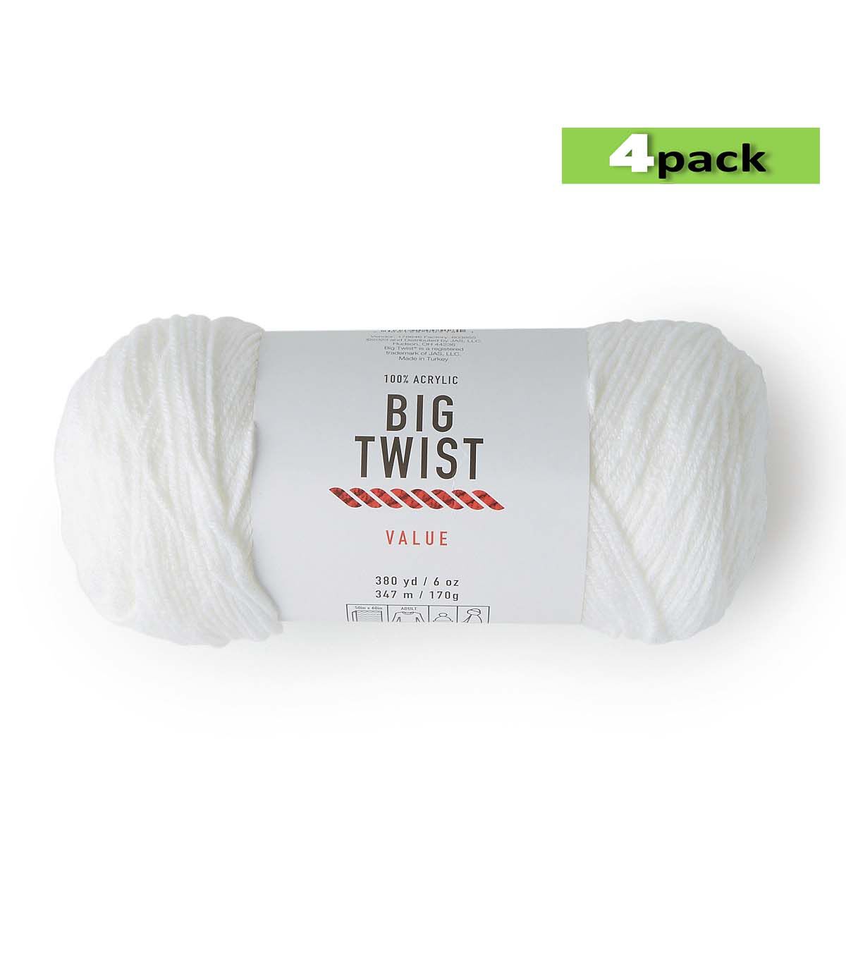 4pk Solid White Medium Weight Acrylic 380yd Value Yarn by Big Twist