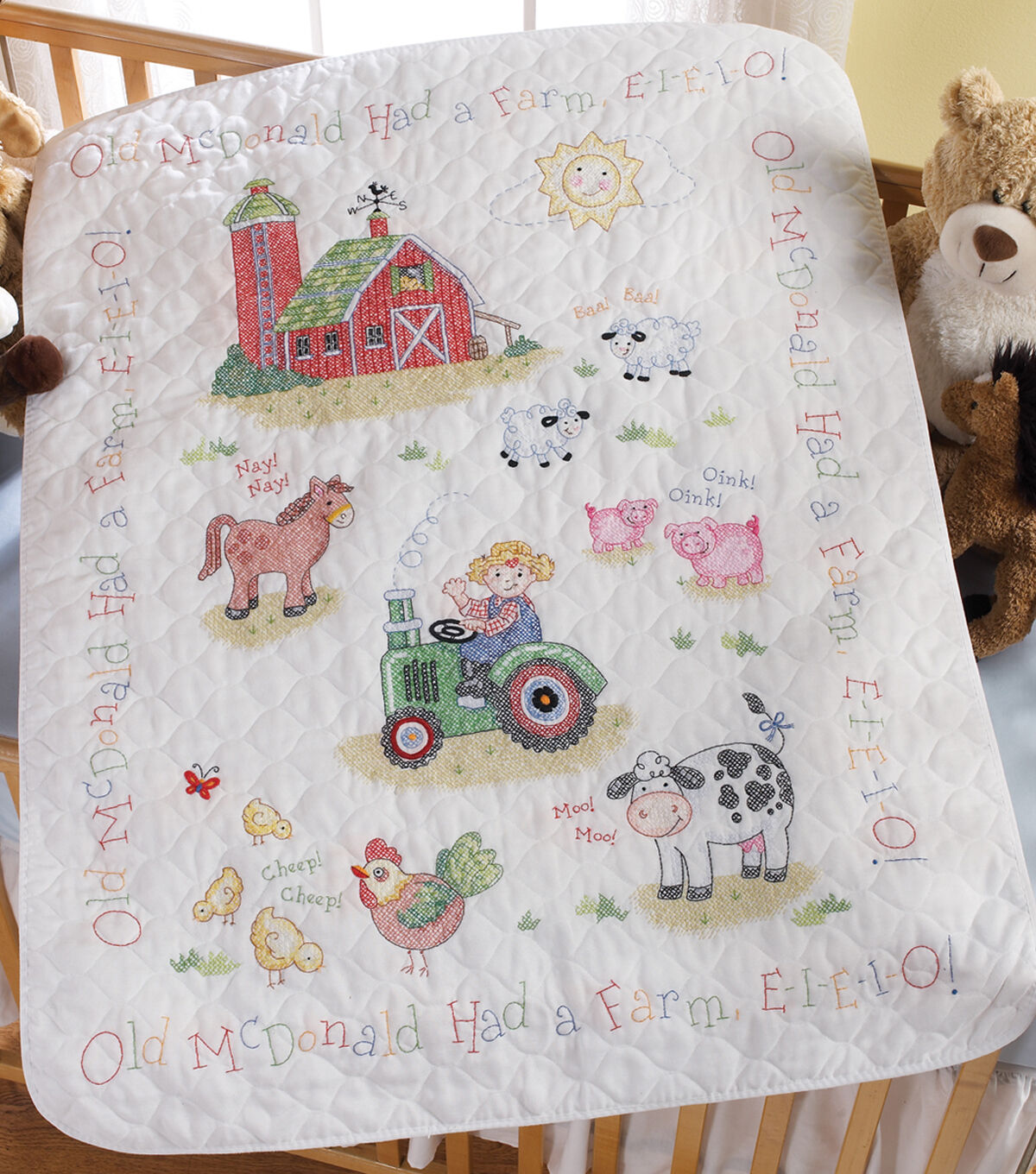 Bucilla 34 x 43 On the Farm Crib Cover Stamped Cross Stitch Kit