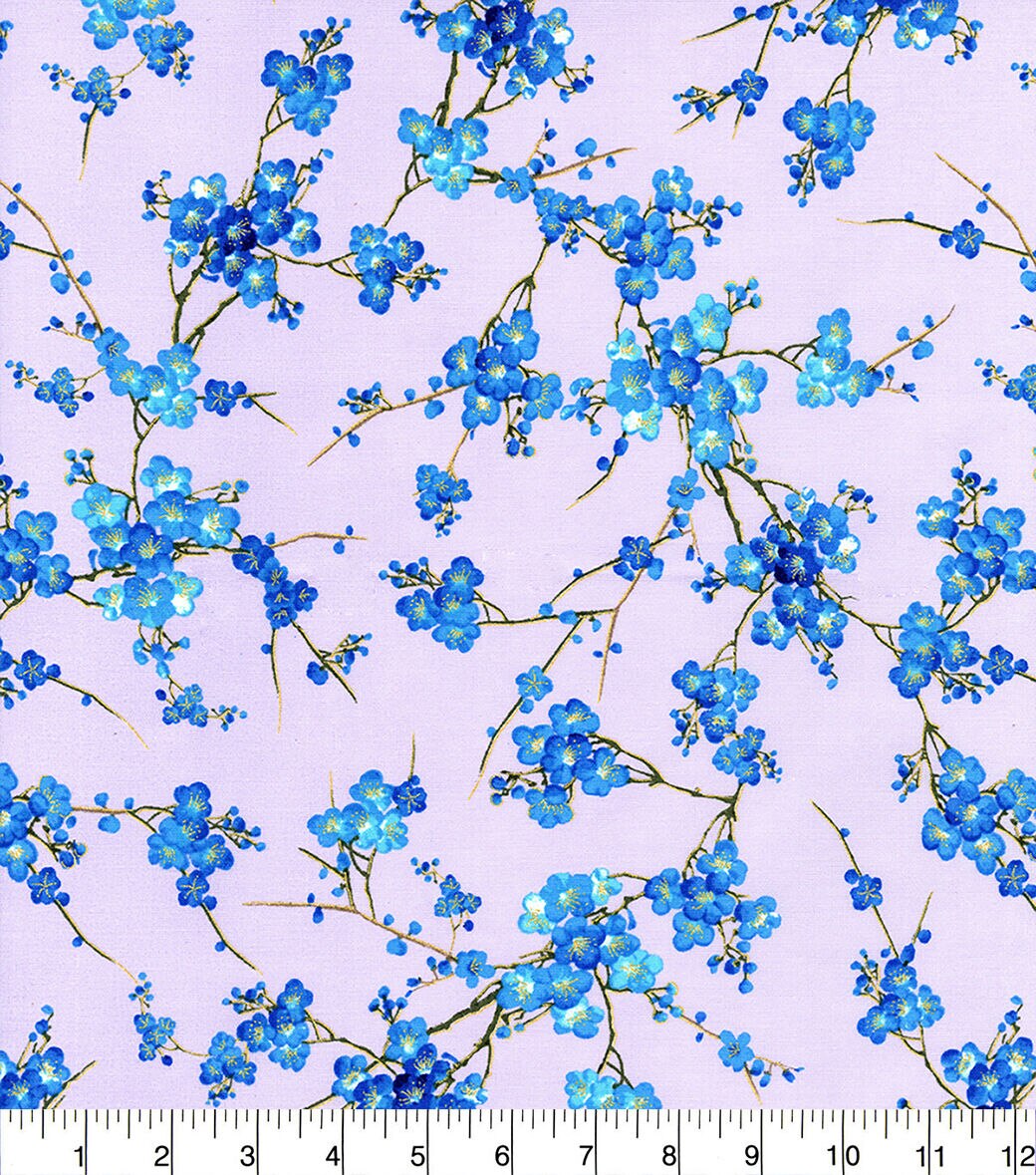 Hi Fashion Blue Floral Blossom Premium Metallic Cotton Fabric