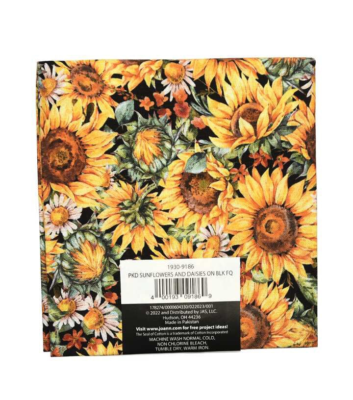 18 x 21 Sunflowers & Daisies On Black Cotton Fabric Quarter 1pc