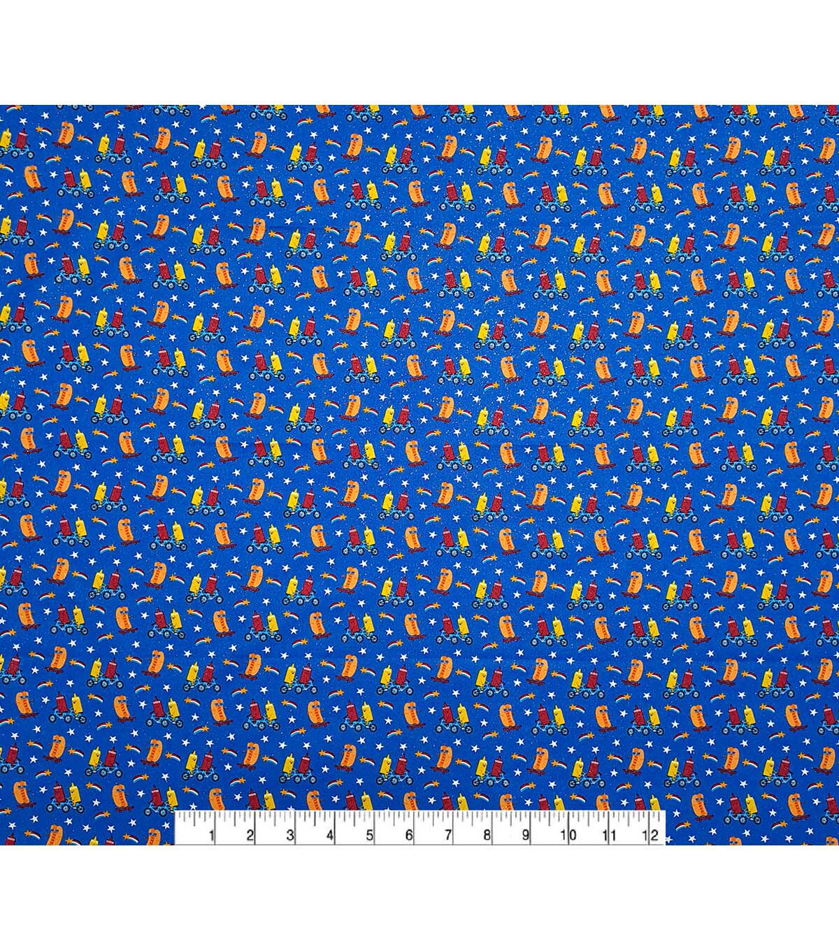 Hot Dogs With Ketchup & Mustard Patriotic Glitter Cotton Fabric by POP!
