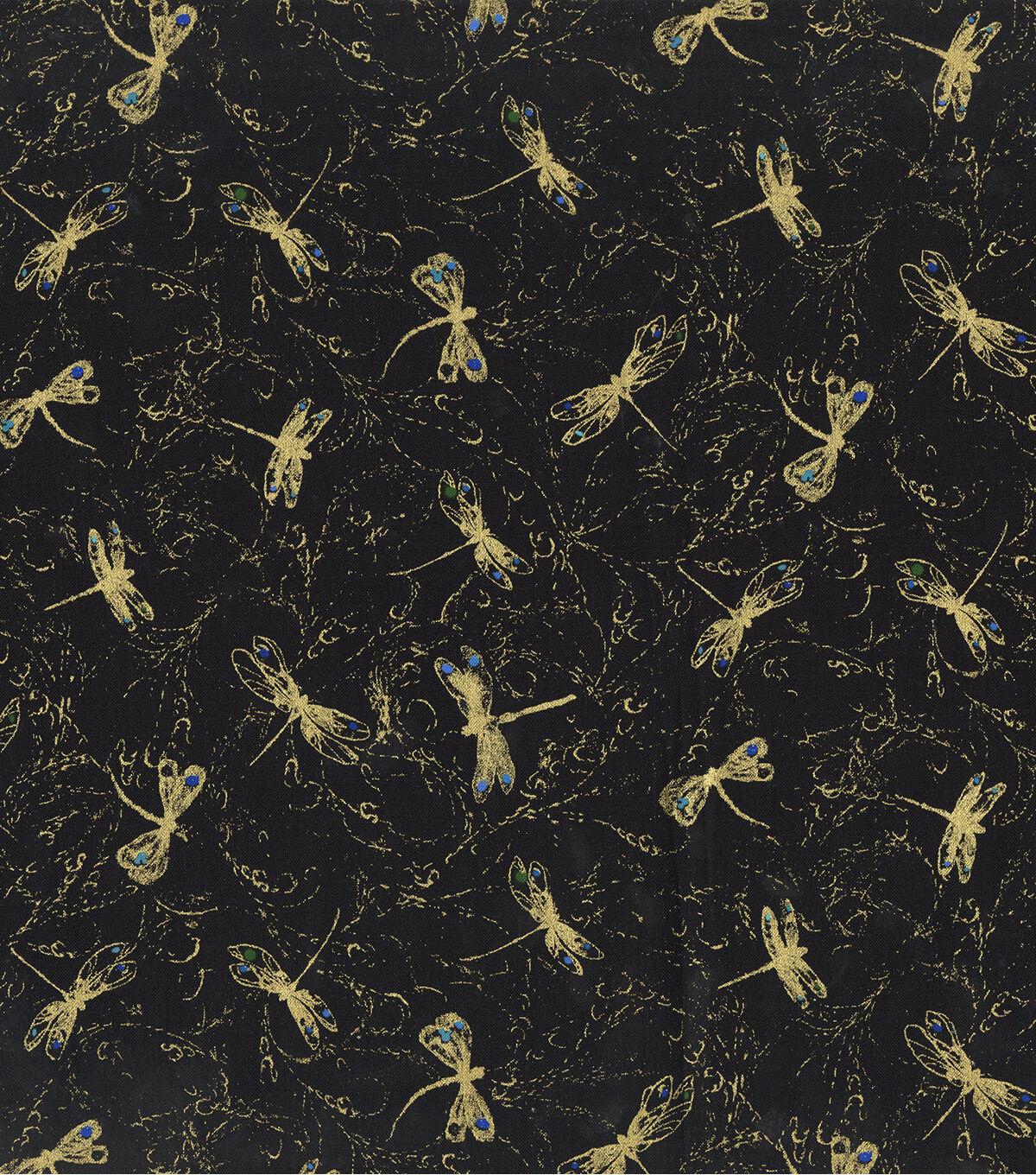 Hi Fashion Yellow Dragonfly Black Premium Metallic Cotton Fabric