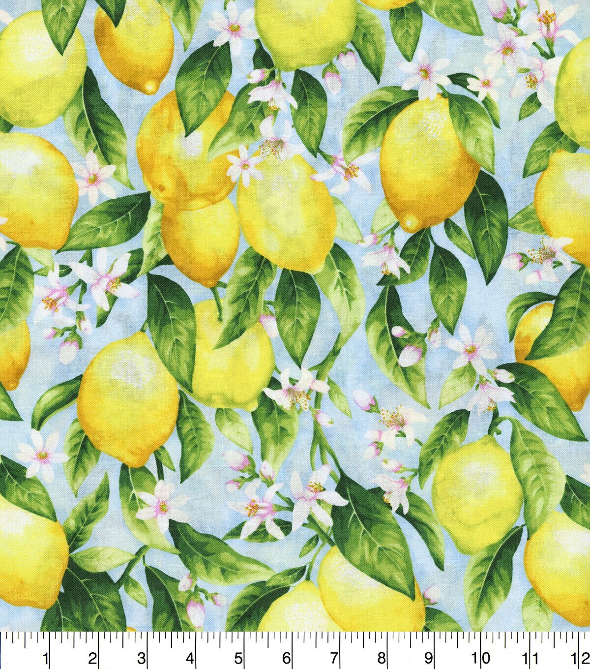 Hi Fashion Lemons And Floral On Light Blue Premium Print Cotton Fabric