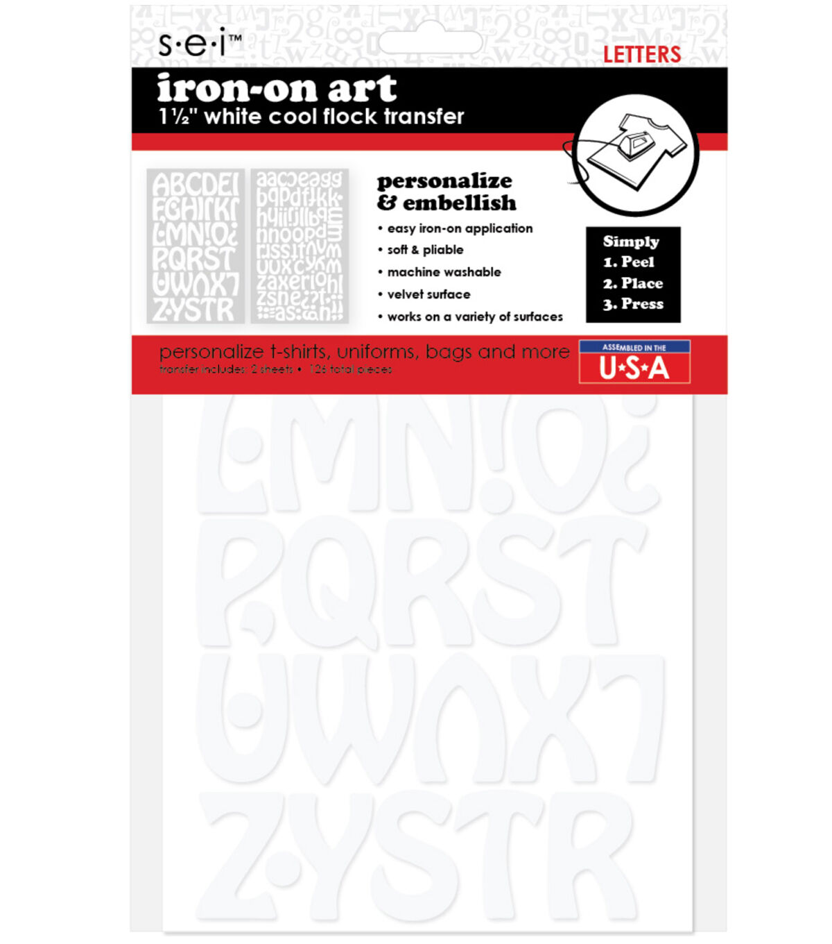SEI 1.5 White Cool Iron On Art Flocked Transfer Letters 126ct