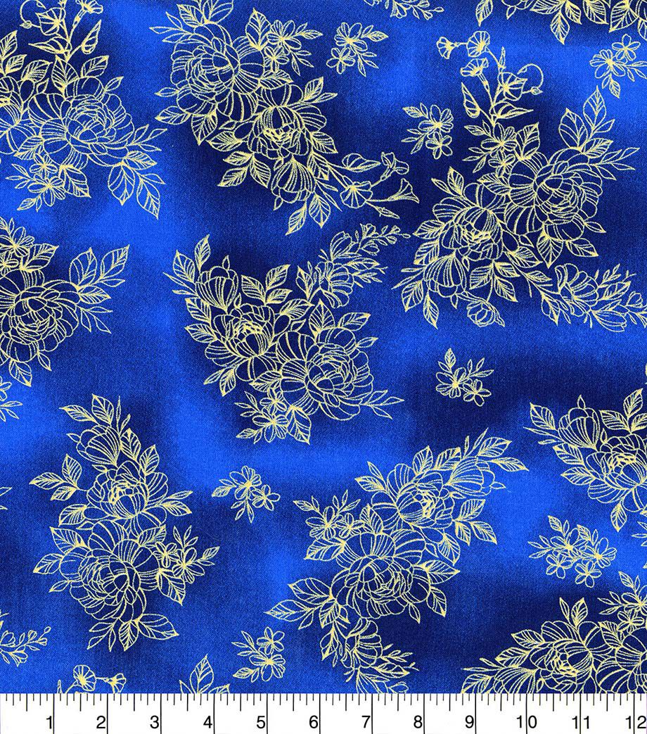 Hi Fashion Dark Blue Floral Blender Premium Metallic Cotton Fabric