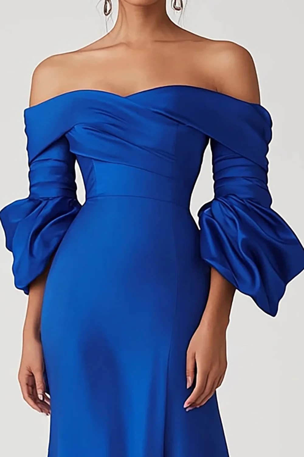 Satin Royal Blue Off the Shoulder Long Formal Dress with Half Sleeves - VNBITS