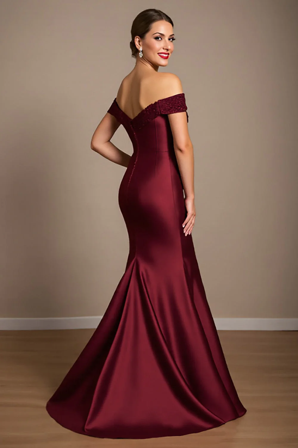 Burgundy Mermaid Long Satin Mother of the Bride Dress with Appliques - VNBITS