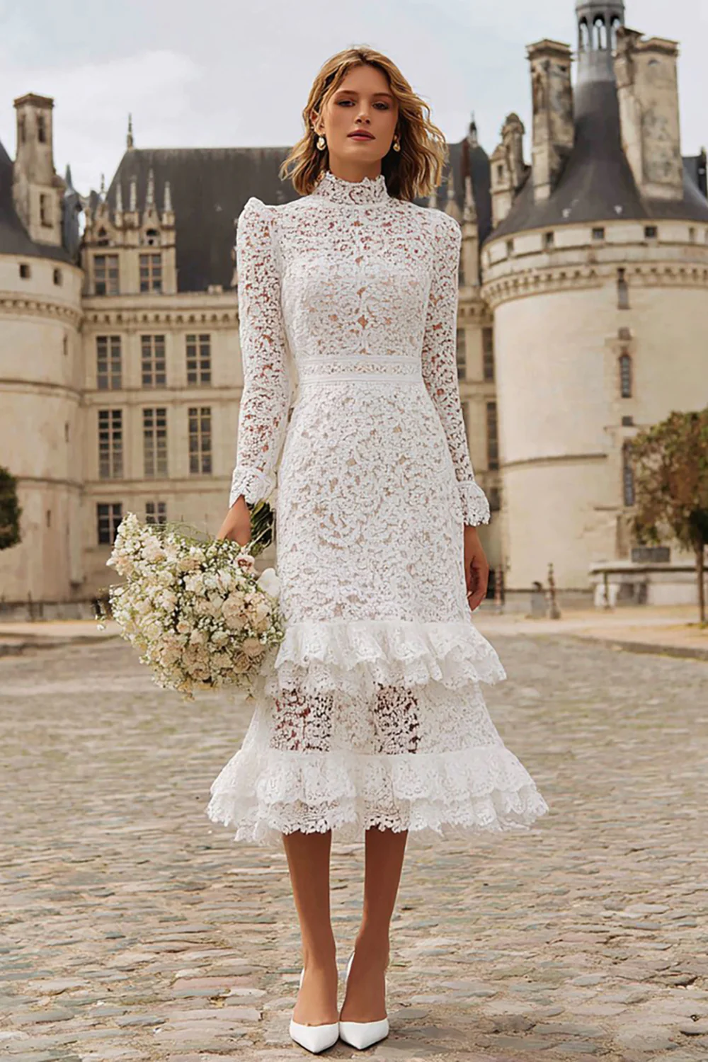 Ivory High Neck Ruffled Lace Midi Engagement Dress with Sleeves - VNBITS