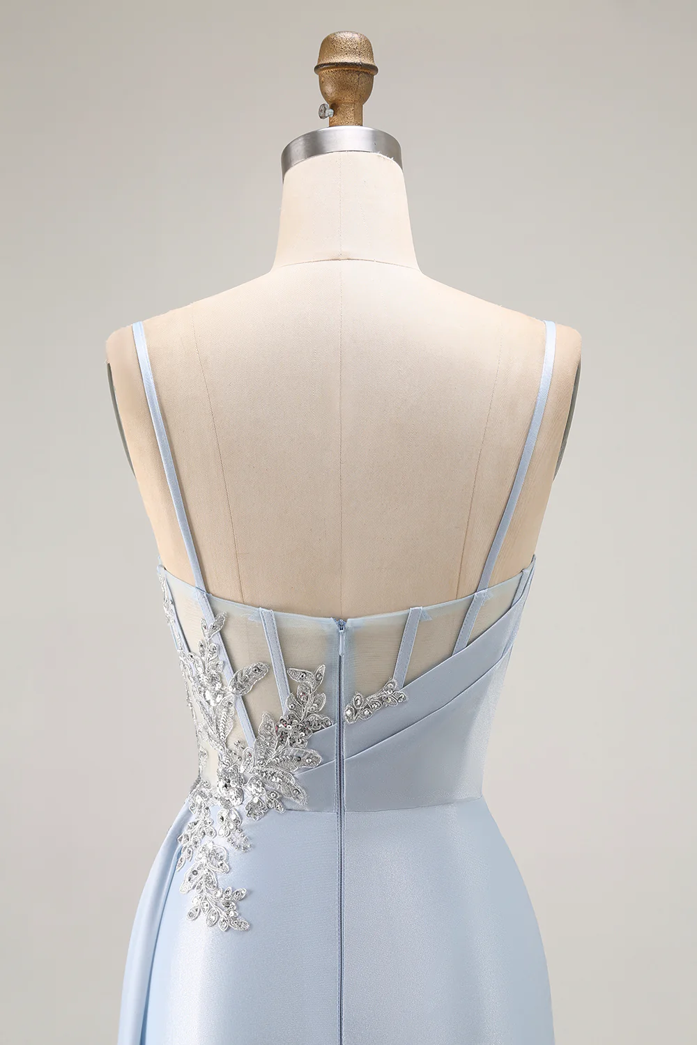 Sparkly Light Blue Mermaid Corset Ruched Long Prom Dress with Slit - VNBITS