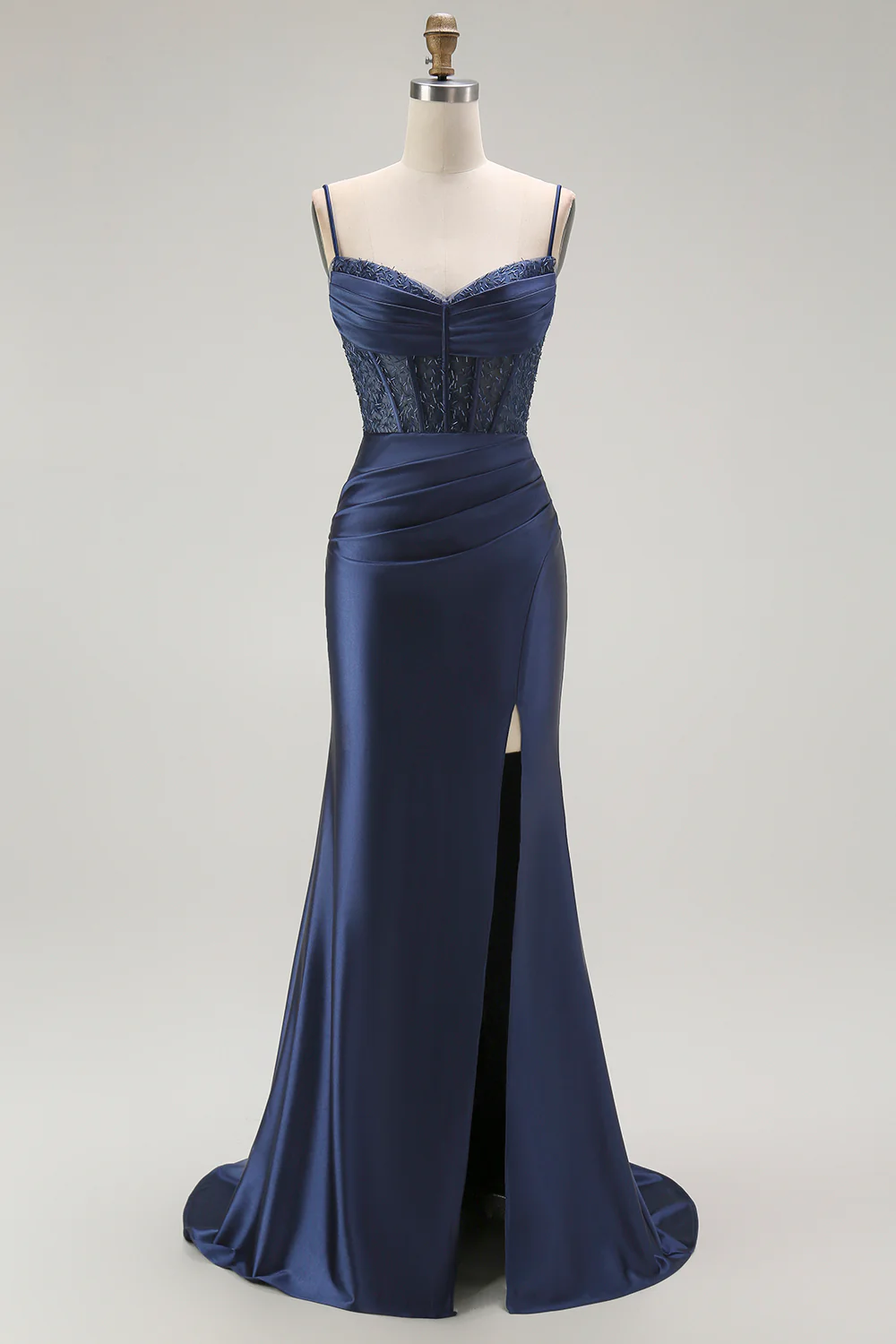 Sparkly Navy Satin Mermaid Long Corset Prom Dress with Beading - VNBITS