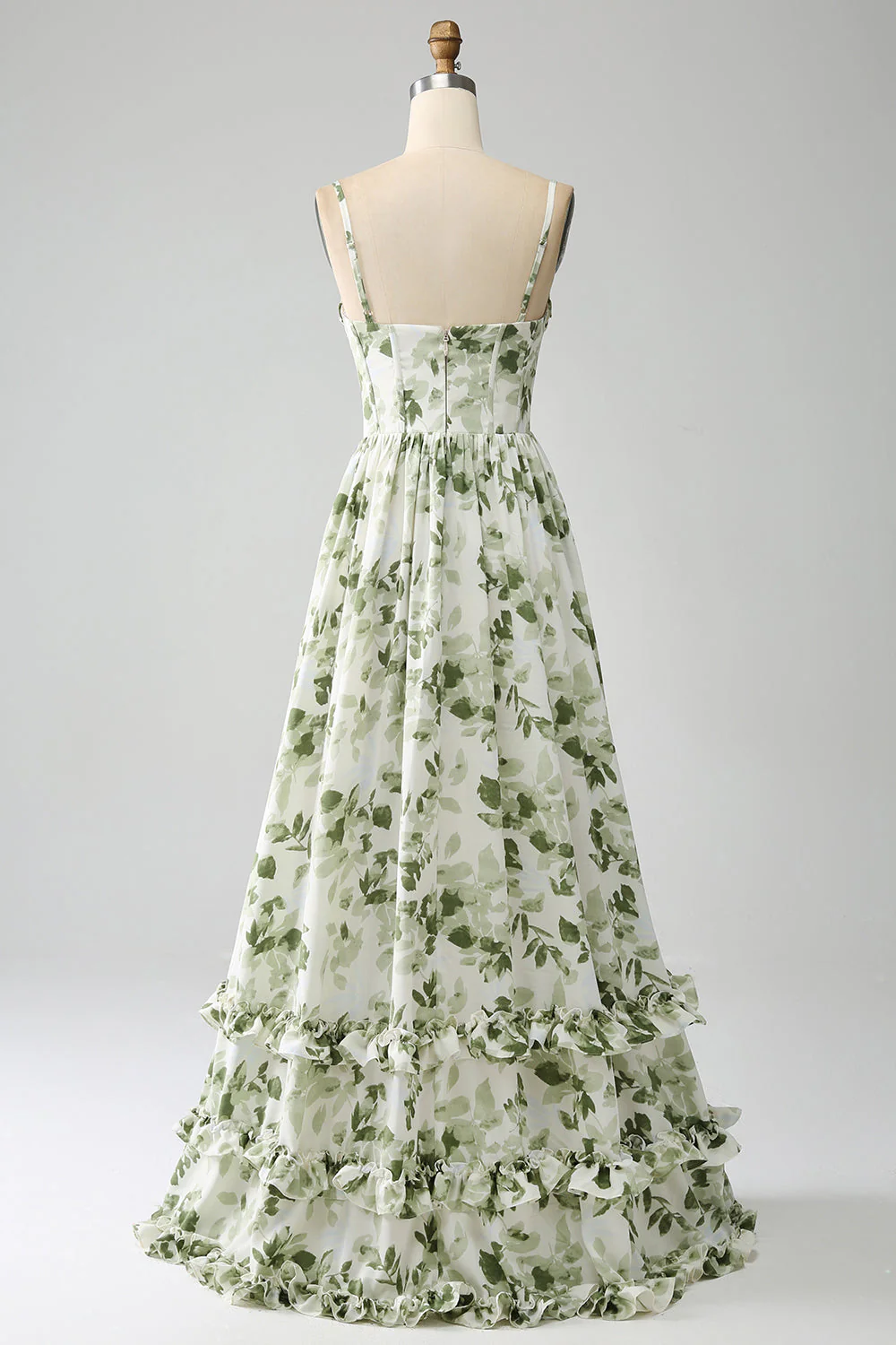 Green A-Line Spaghetti Straps Printed Pleated Long Prom Dress With Slit - VNBITS