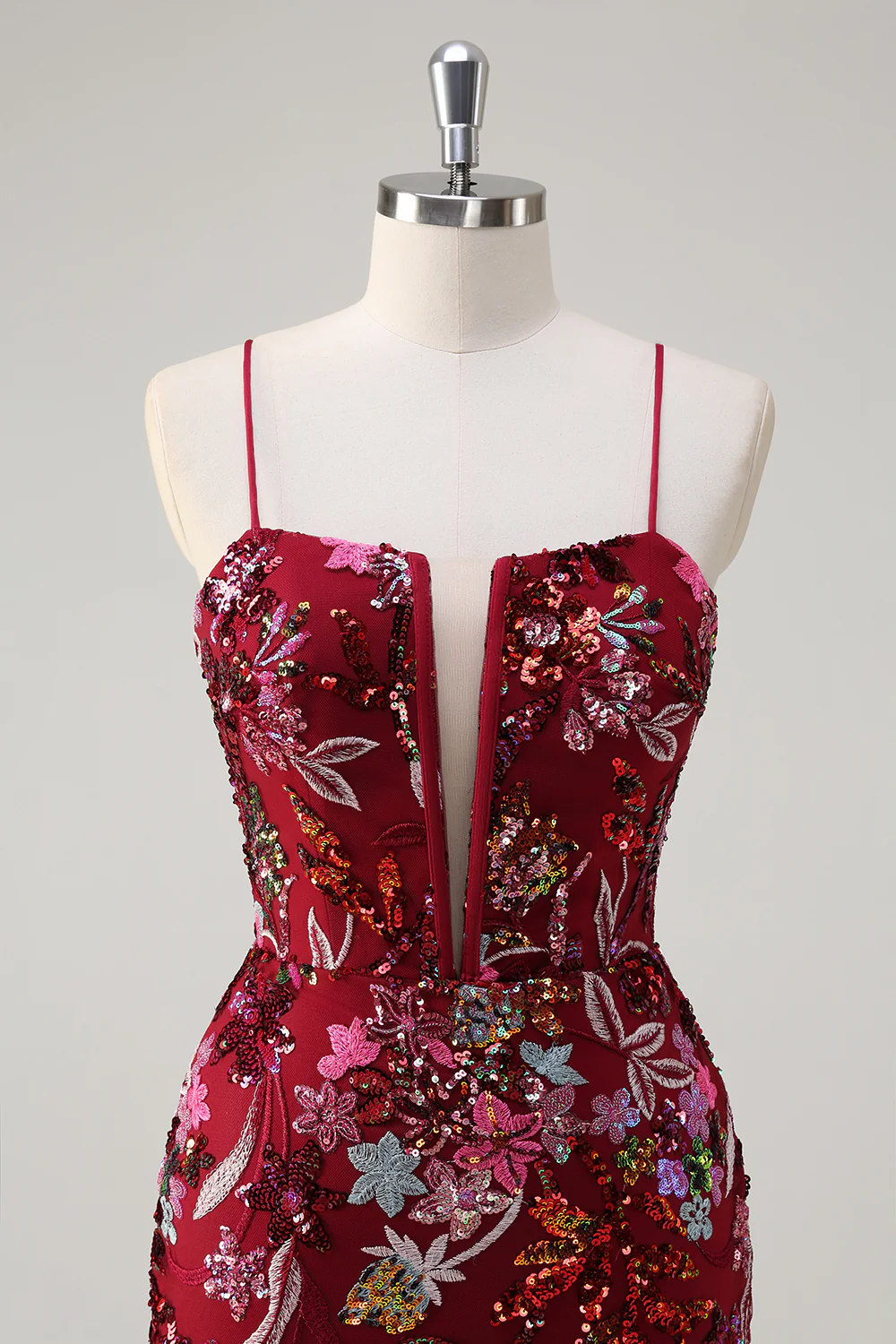 Sparkly Burgundy Floral Mermaid Spaghetti Straps Long Prom Dress with Slit - VNBITS