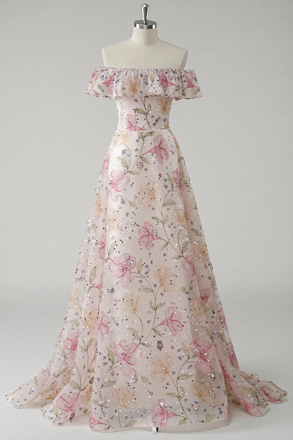 Sparkly Pink Off the Shoulder Floral A Line Long Prom Dress with Ruffles - VNBITS