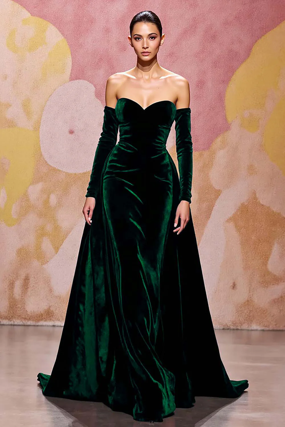 Dark Red Velvet A Line Long Off the Shoulder Evening Dress - VNBITS