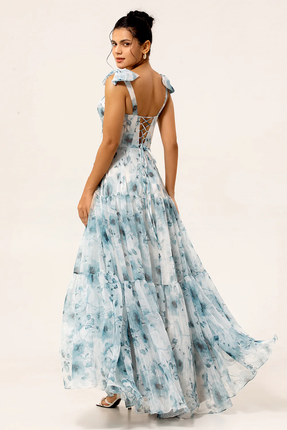 Blue A Line Floral Chiffon Long Bridesmaid Dress with Bows - VNBITS