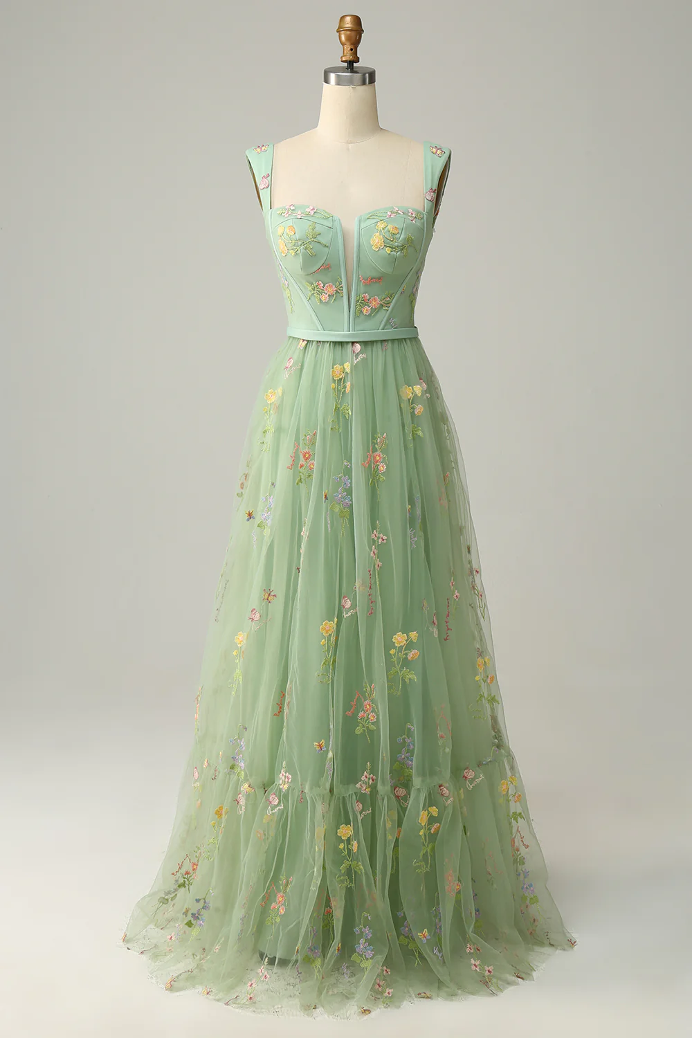 A Line Champagne Tulle Floral Prom Dress - VNBITS