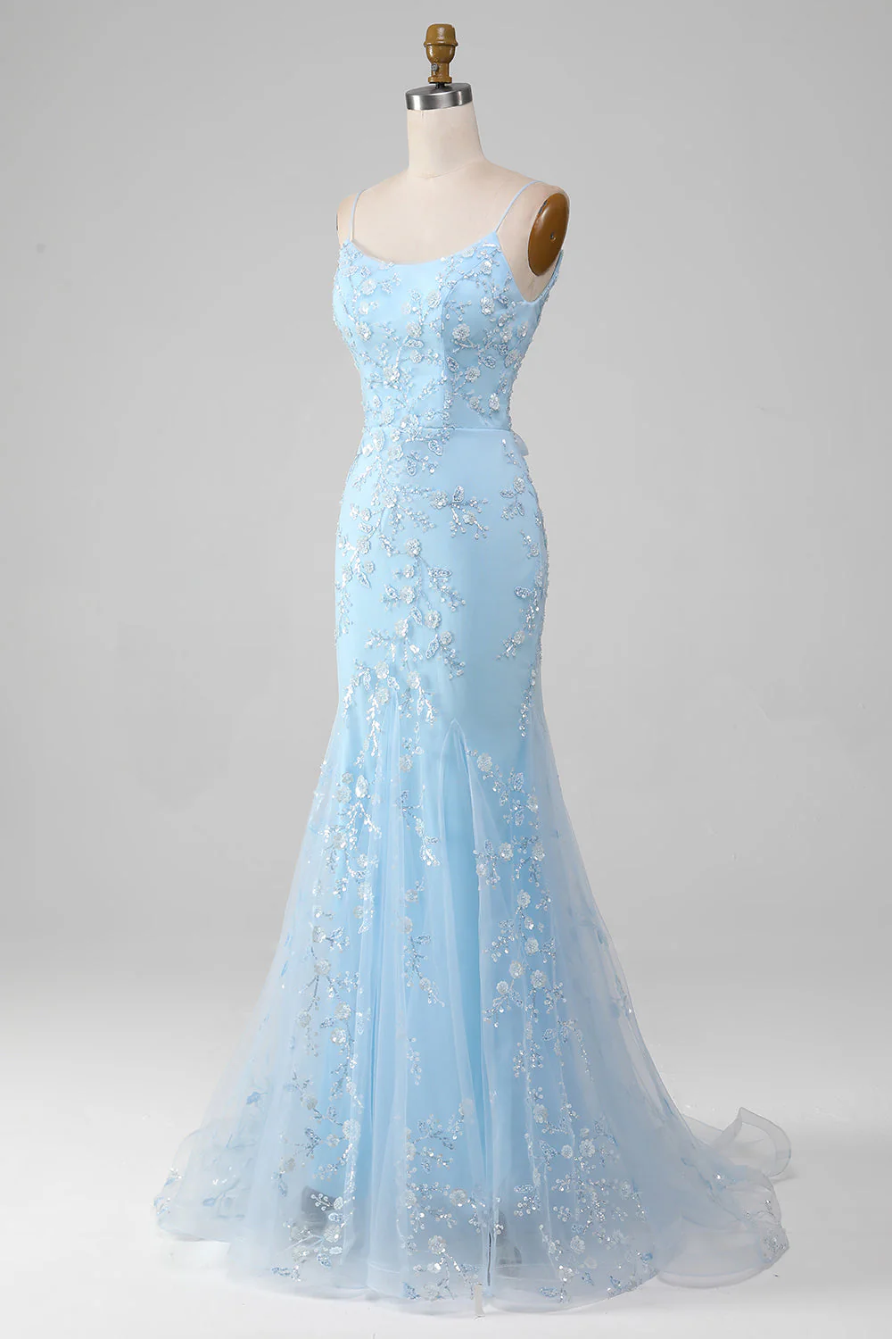 Sparkly Light Blue Beaded Mermaid Long Prom Dress - VNBITS